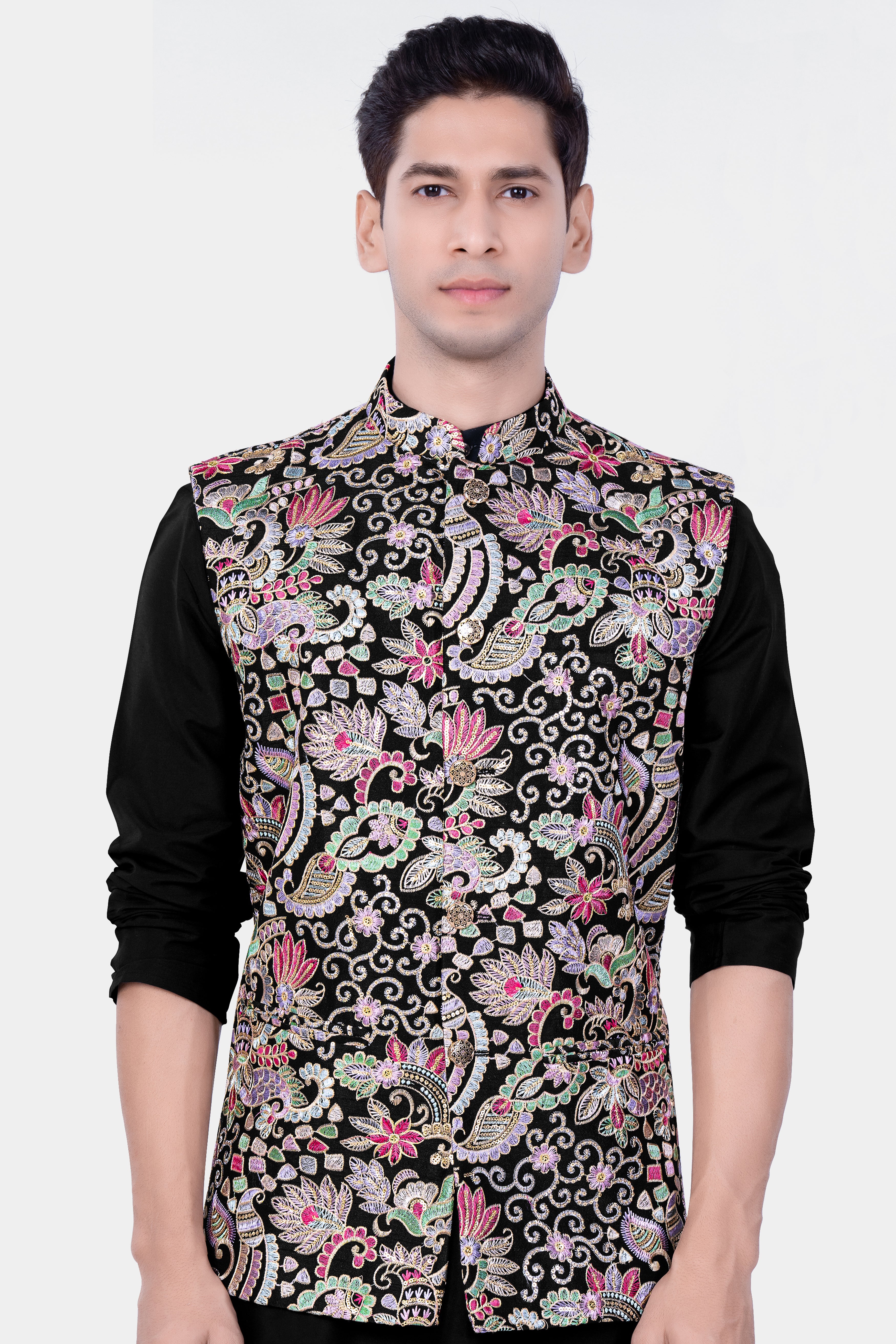 Jade Black And Amethyst Purple MultiColour Designer Embroidered Nehru Jacket