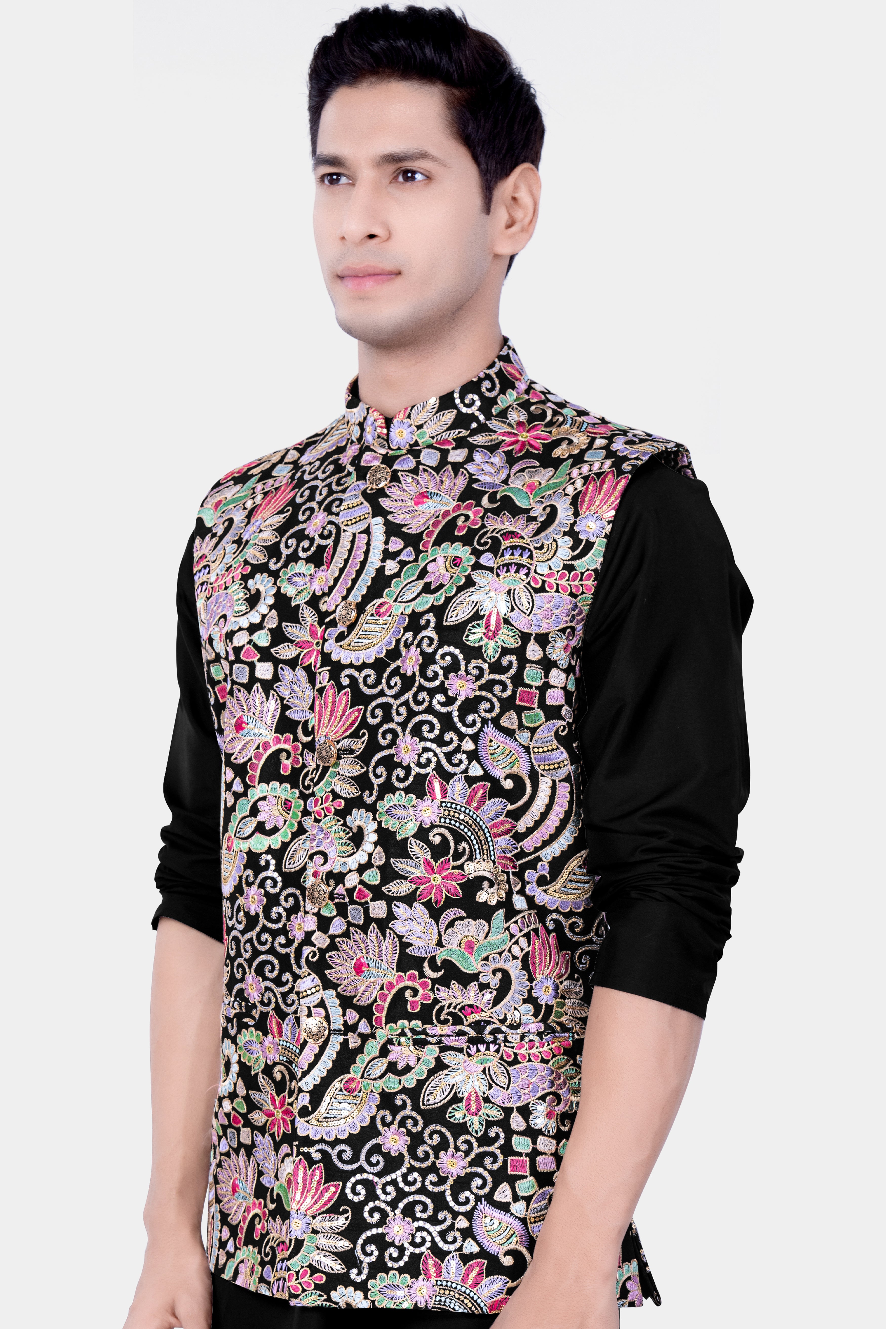 Jade Black And Amethyst Purple MultiColour Designer Embroidered Nehru Jacket