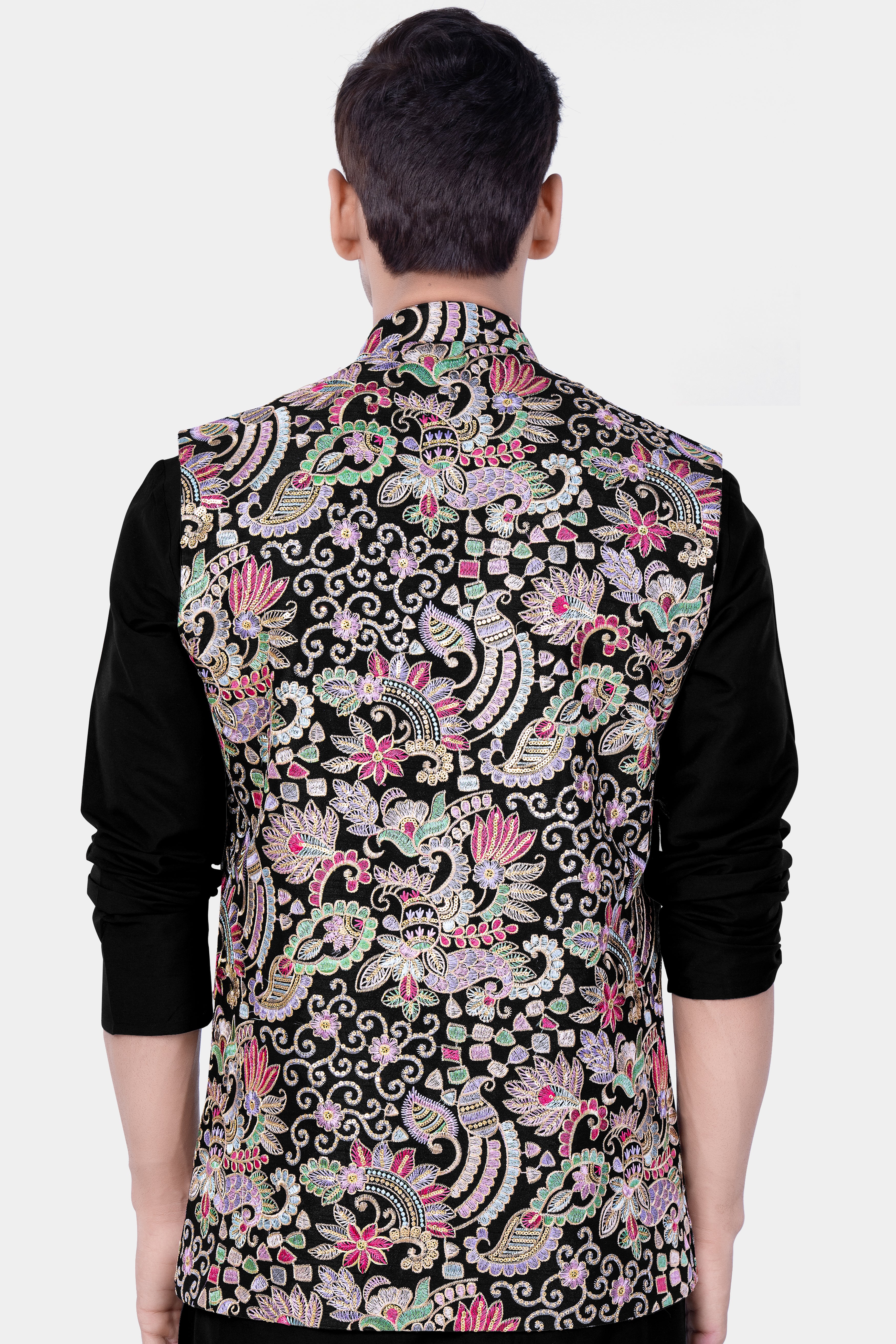 Jade Black And Amethyst Purple MultiColour Designer Embroidered Nehru Jacket