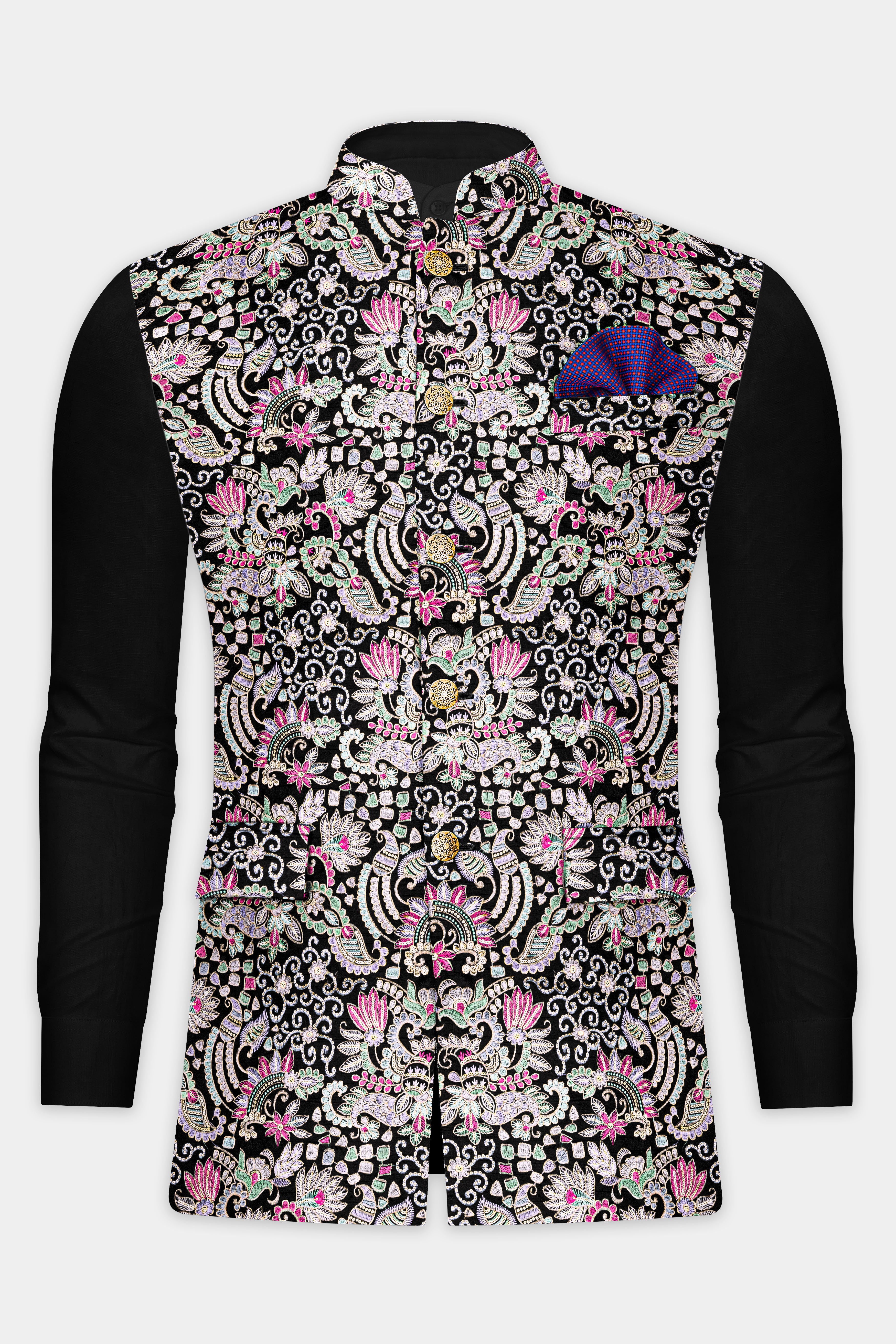 Jade Black And Amethyst Purple MultiColour Designer Embroidered Nehru Jacket