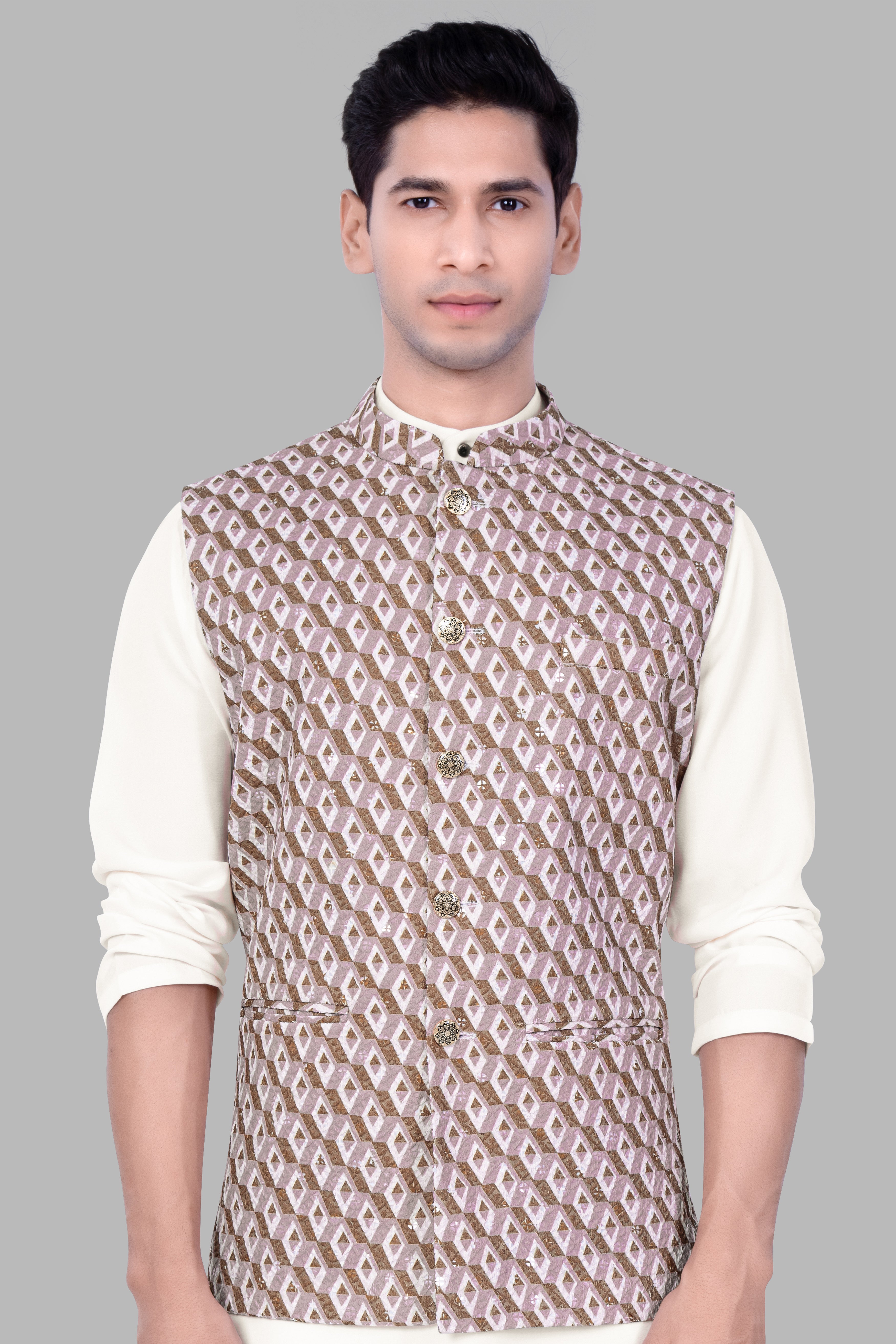 Clam Shell Pink And Roman Coffee Brown 3D Box Quilt Embroidered Nehru Jacket