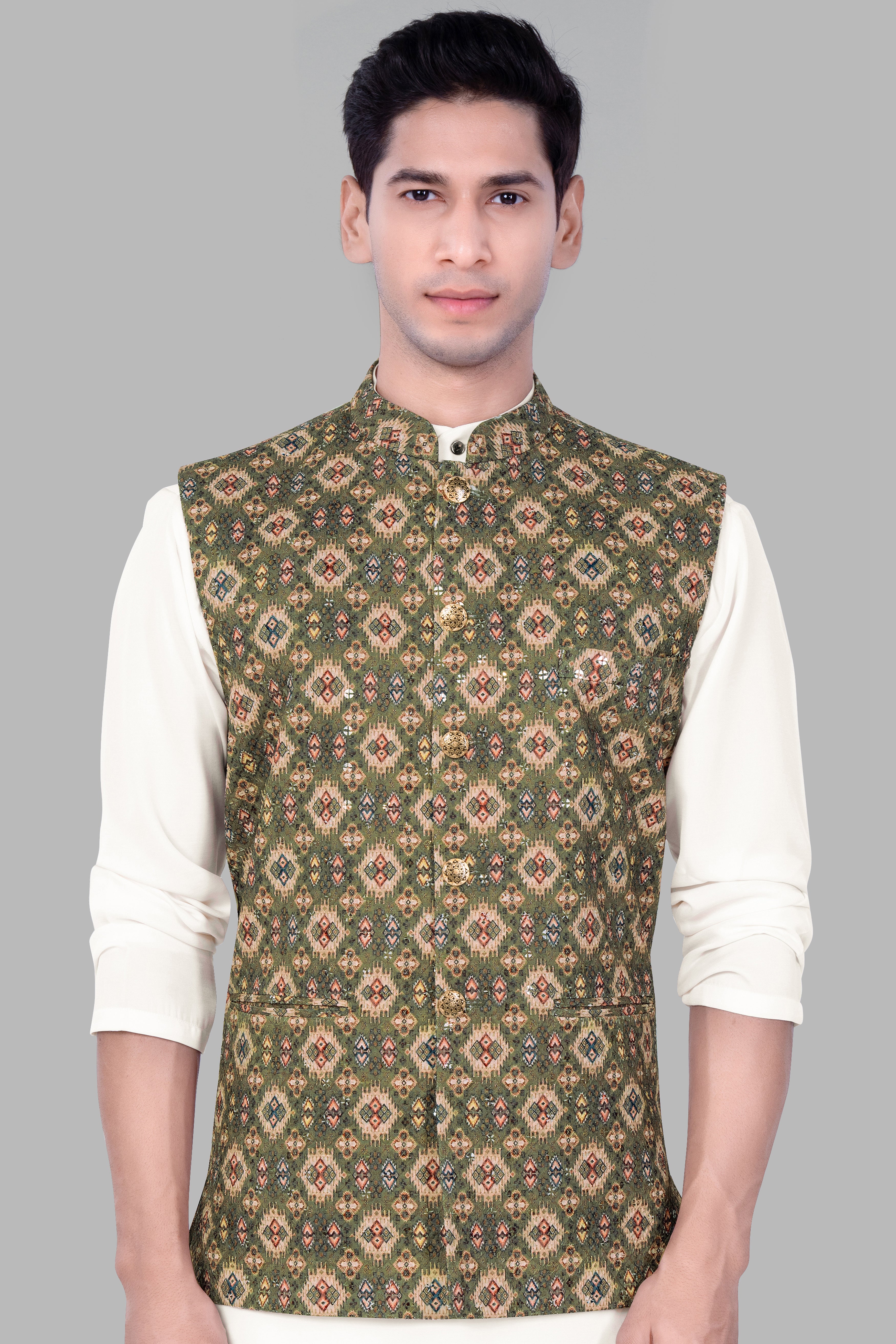 Finch Green And Coffee Brown MultiColour Designer Embroidered Nehru Jacket