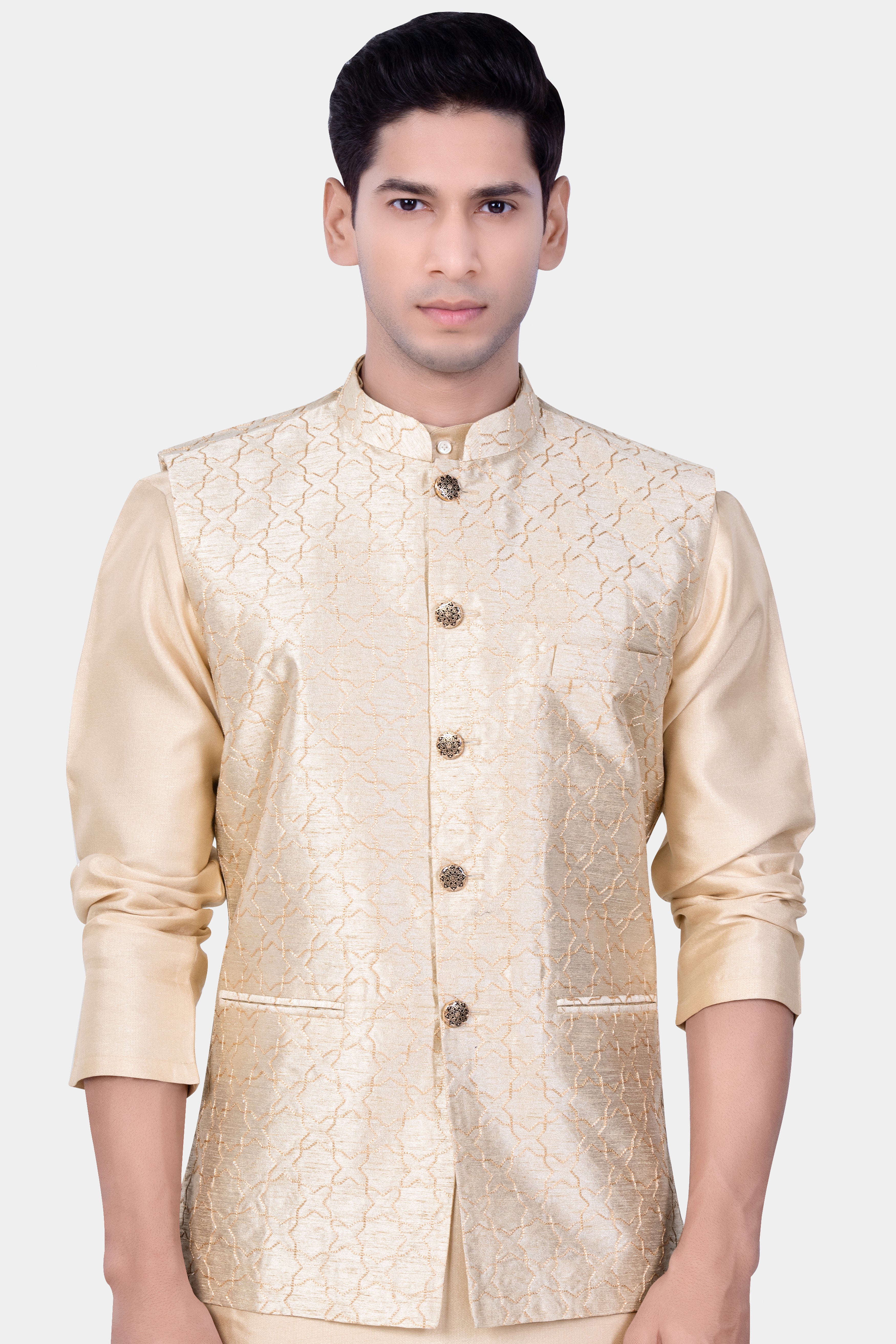 Pearl Bush Cream hexagon Designer Embroidered Nehru Jacket