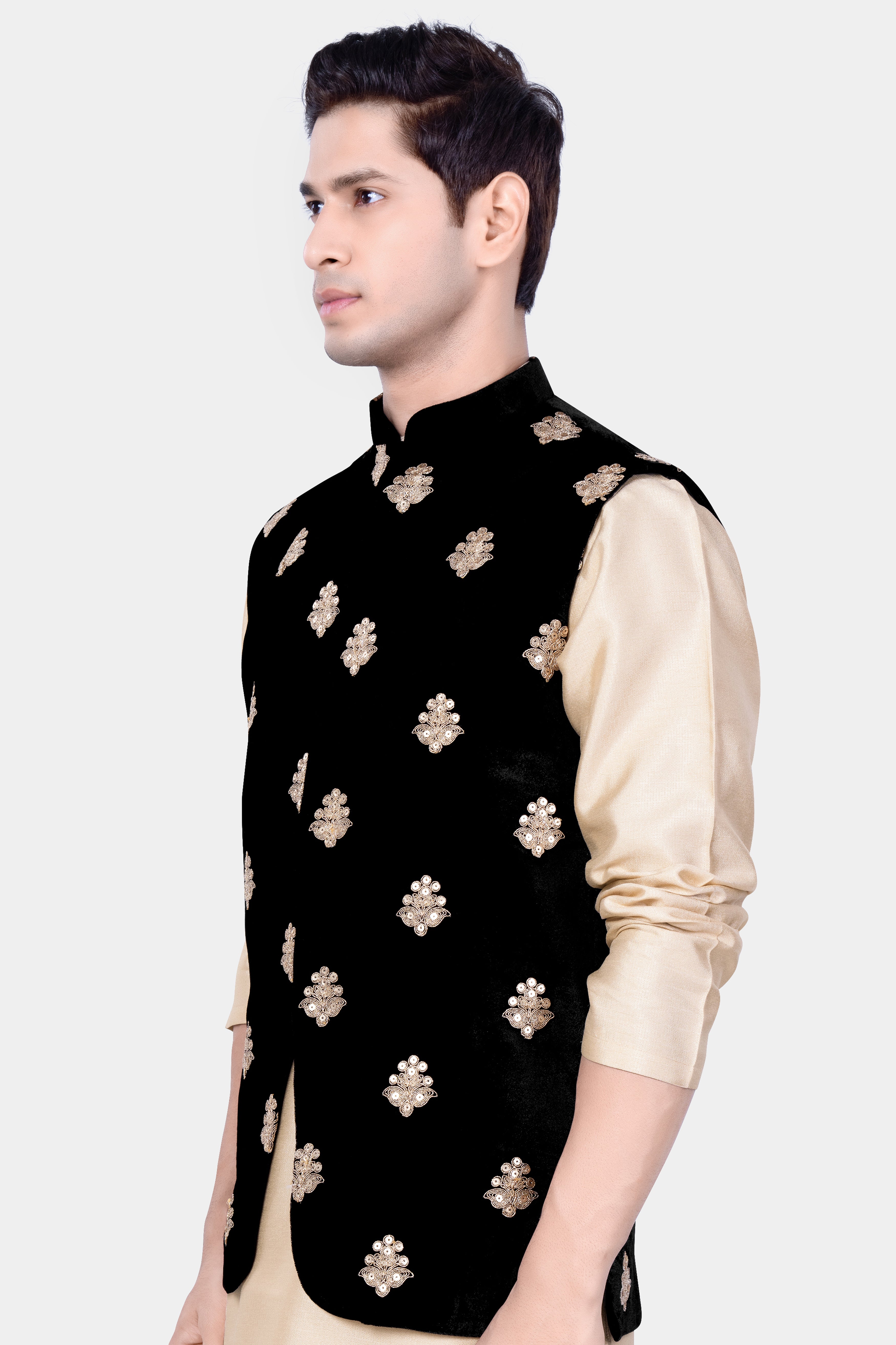 Jade Black Designer Velvet Sequin And Thread Embroidered Nehru Jacket