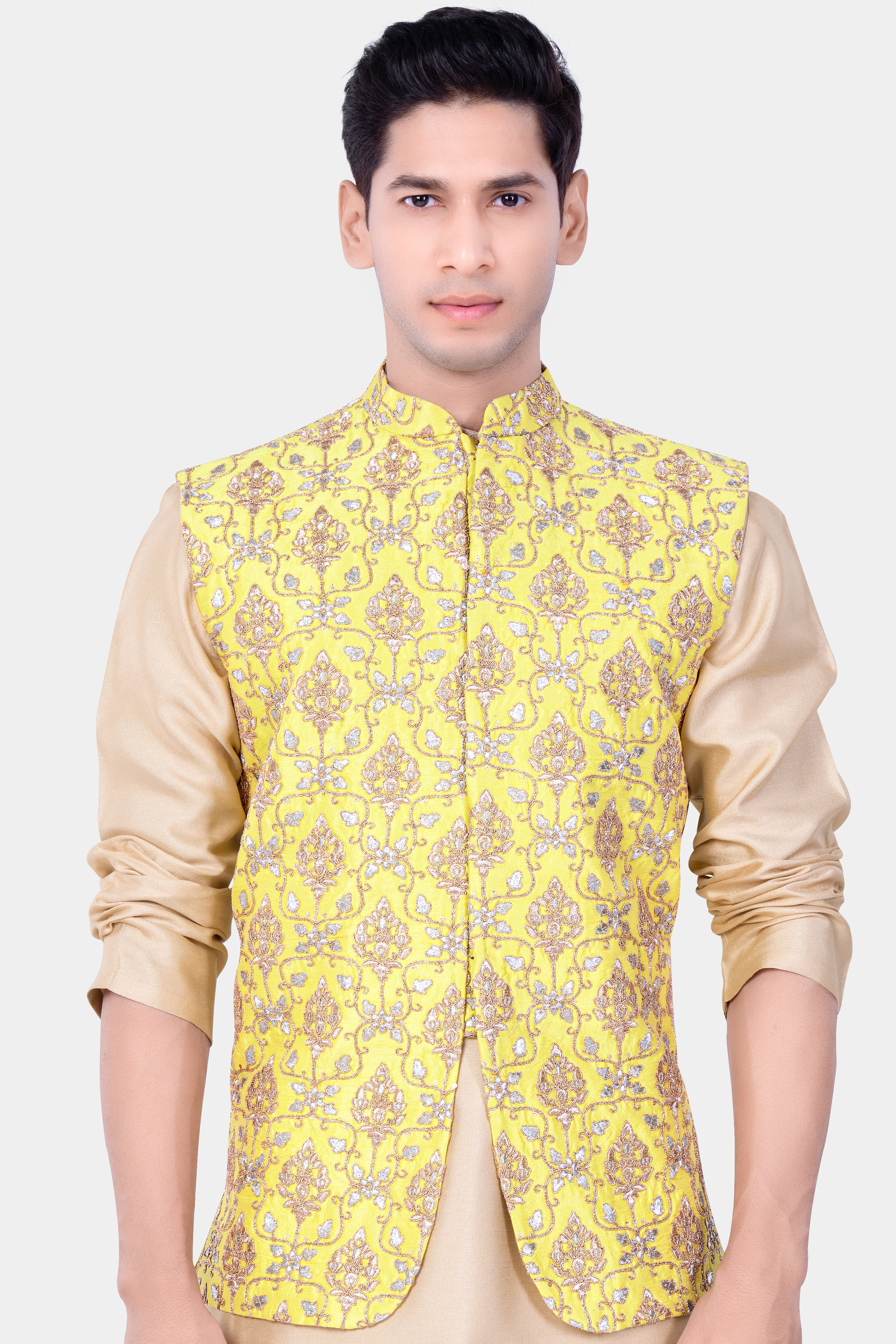 Marigold Yellow And Quicksand Brown Thread Embroidered Nehru Jacket