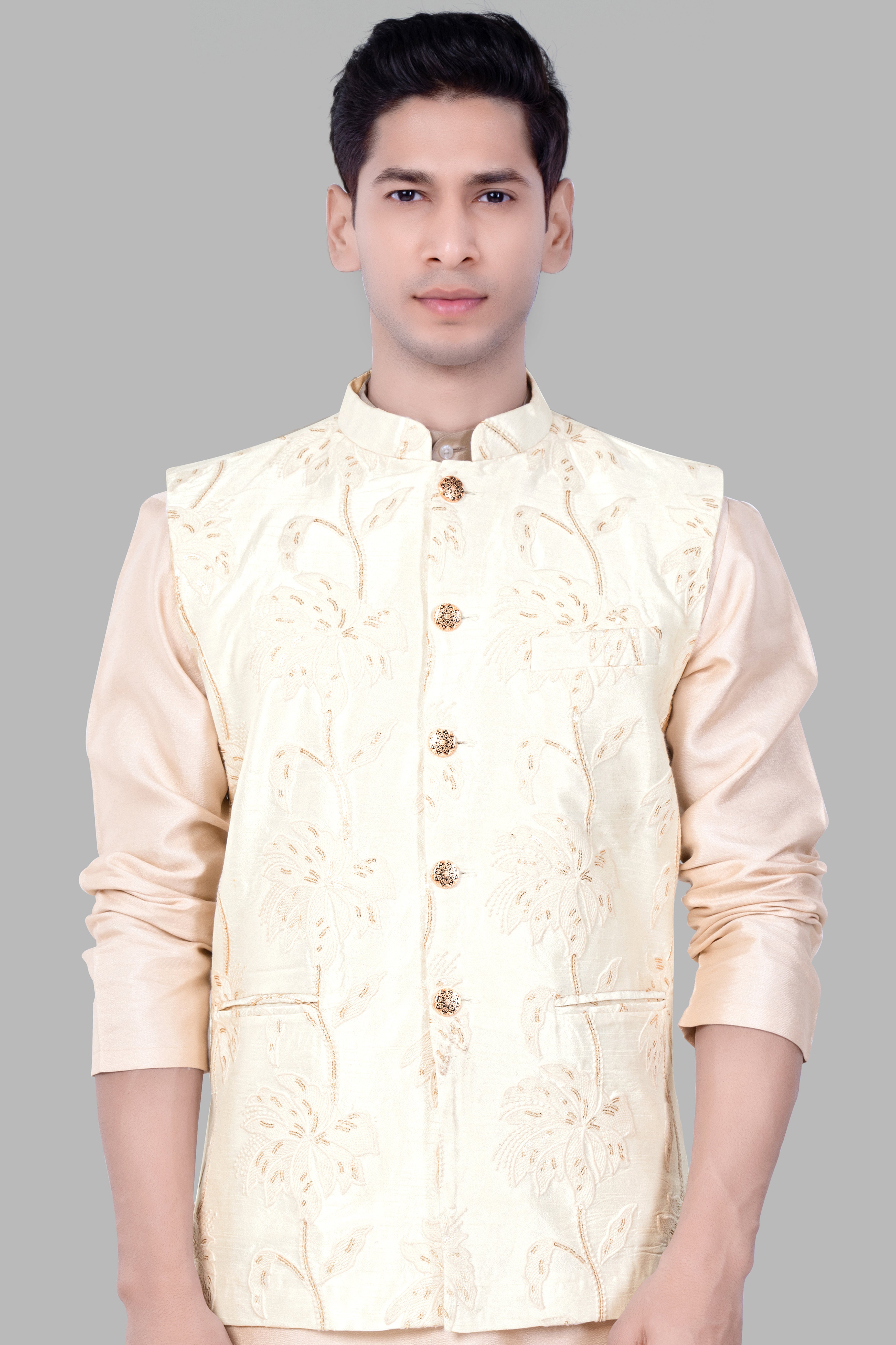 Bright White Designer Sequin And Thread Embroidered Nehru Jacket