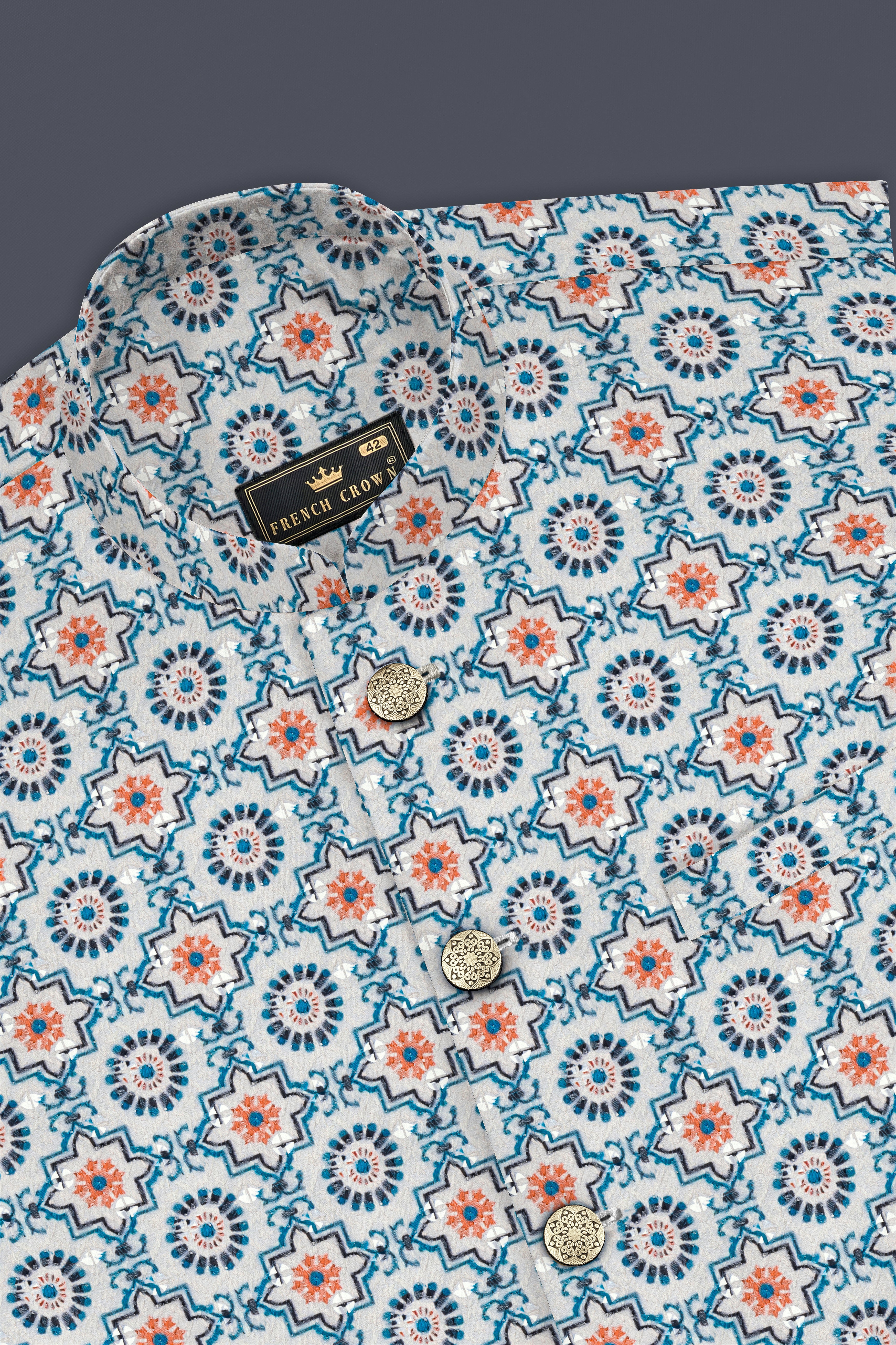 Persian Blue And Crusta Orange hexagon Thread Embroidered Nehru Jacket