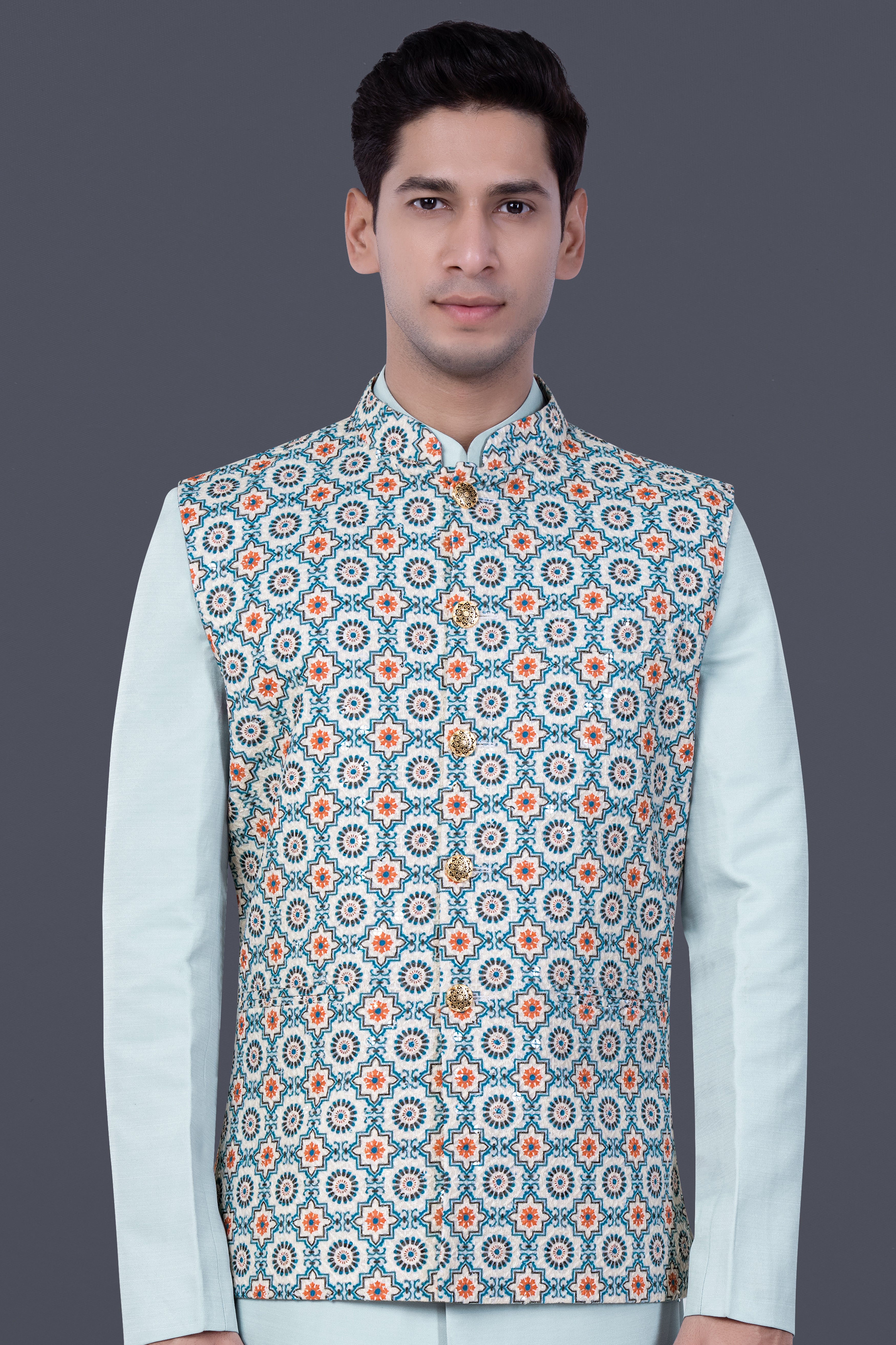 Persian Blue And Crusta Orange hexagon Thread Embroidered Nehru Jacket