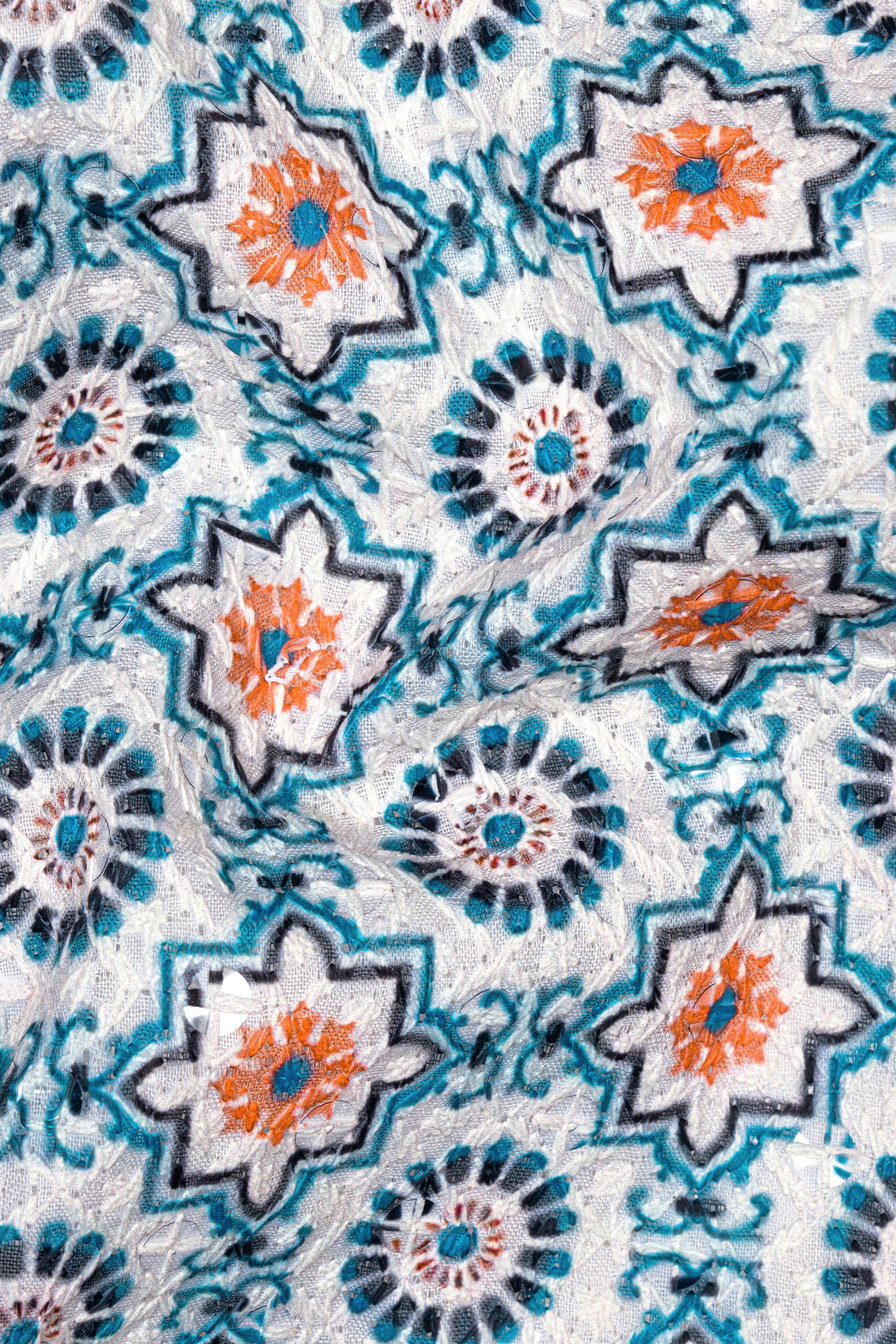 Persian Blue And Crusta Orange hexagon Thread Embroidered Nehru Jacket