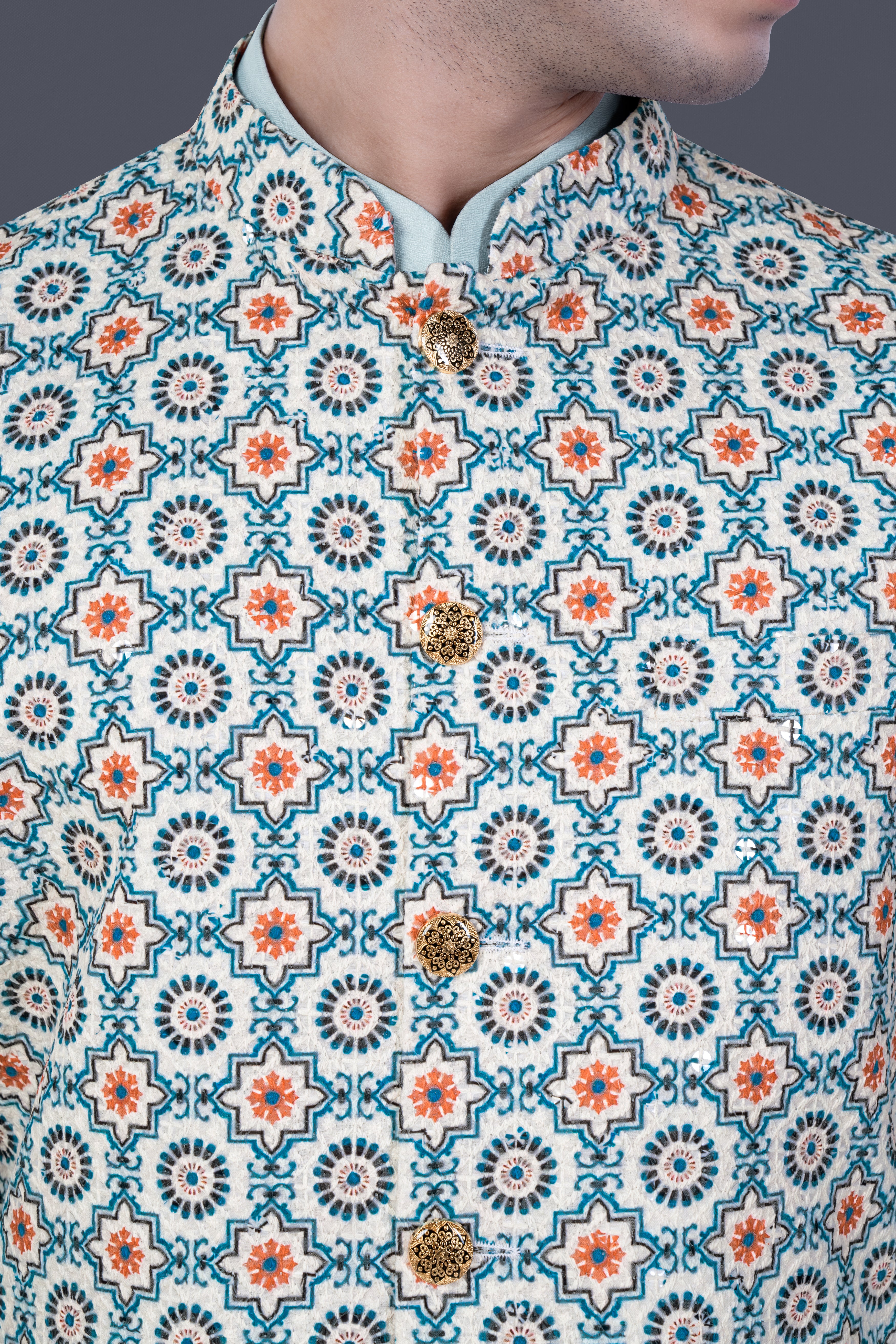 Persian Blue And Crusta Orange hexagon Thread Embroidered Nehru Jacket