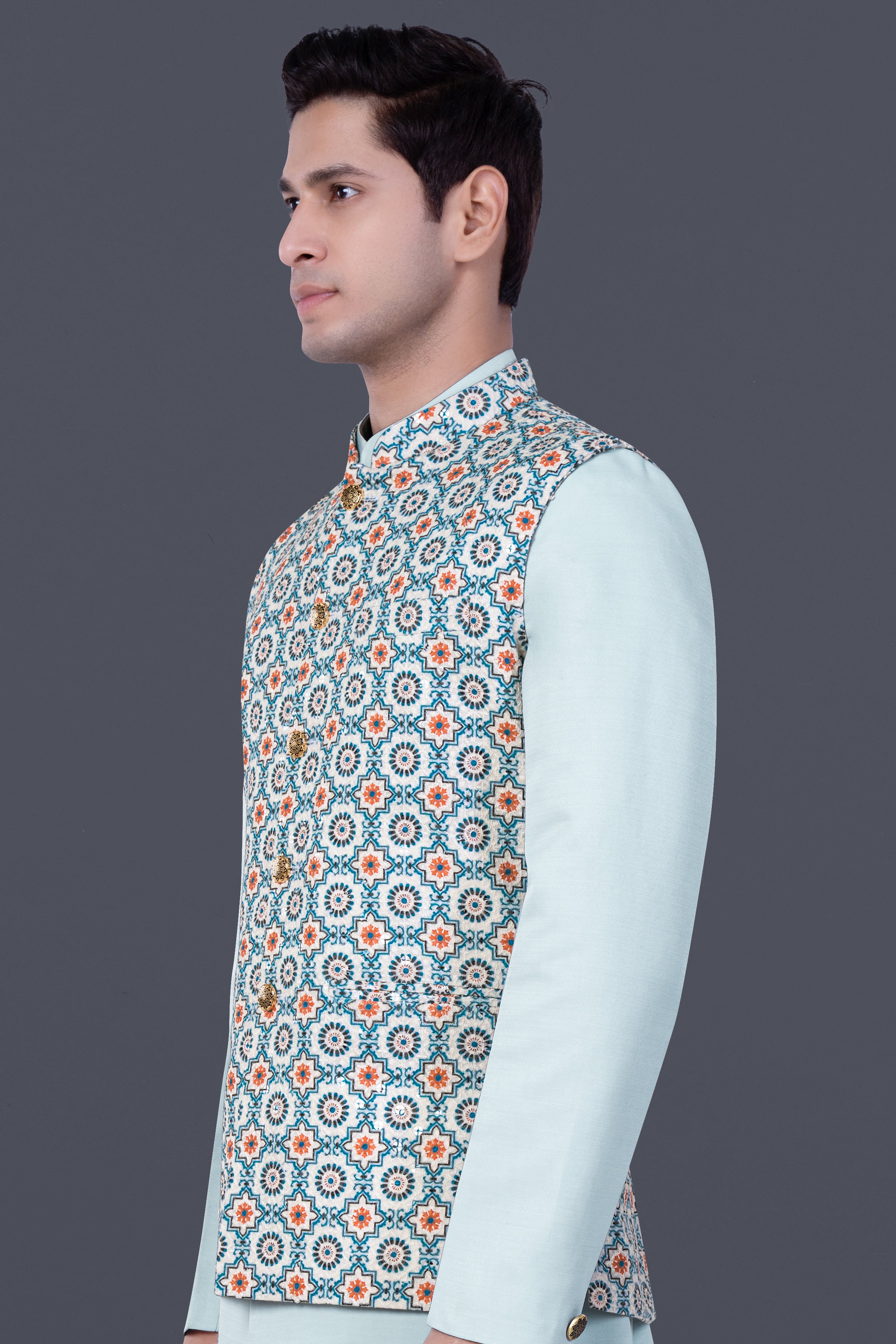 Persian Blue And Crusta Orange hexagon Thread Embroidered Nehru Jacket