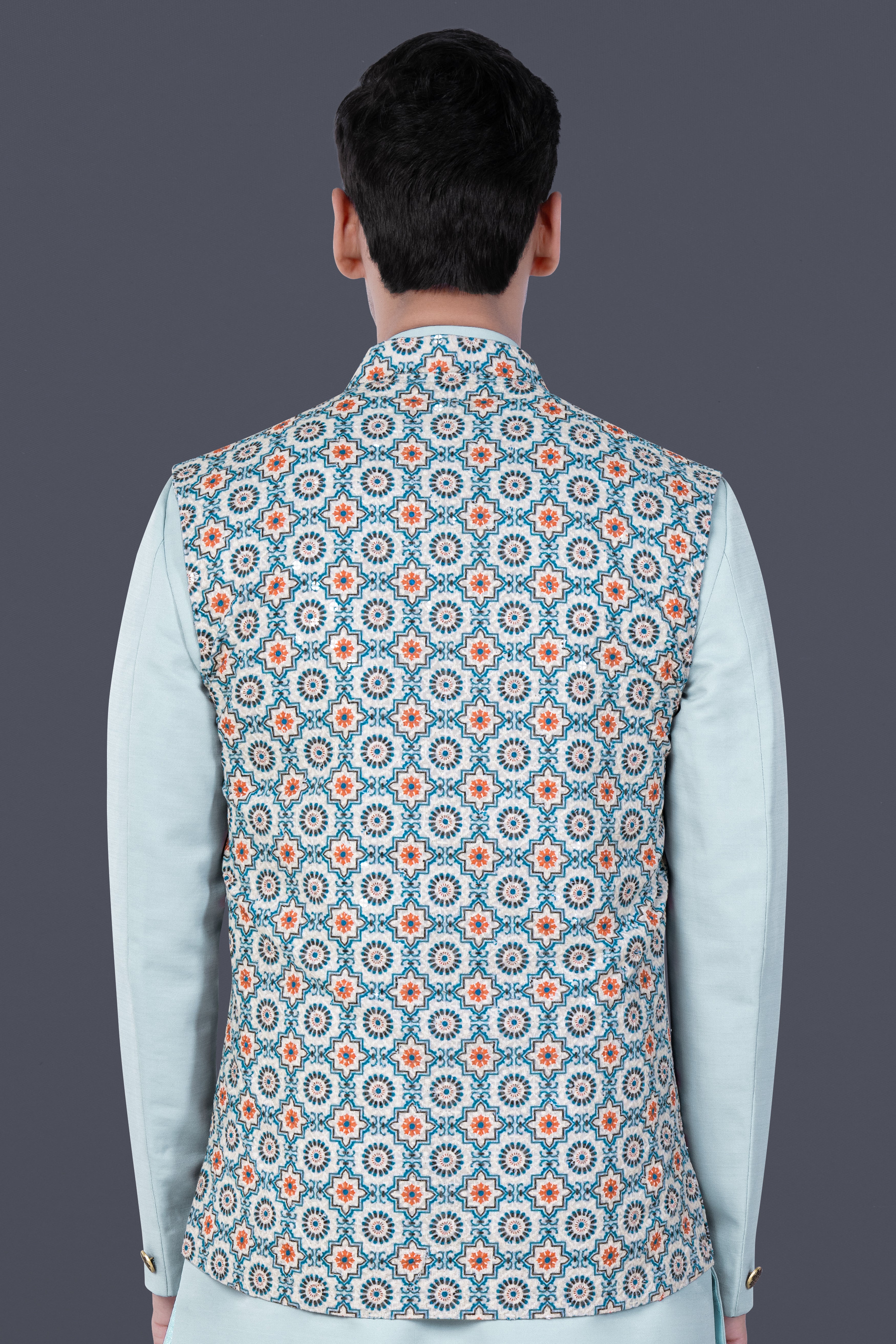Persian Blue And Crusta Orange hexagon Thread Embroidered Nehru Jacket