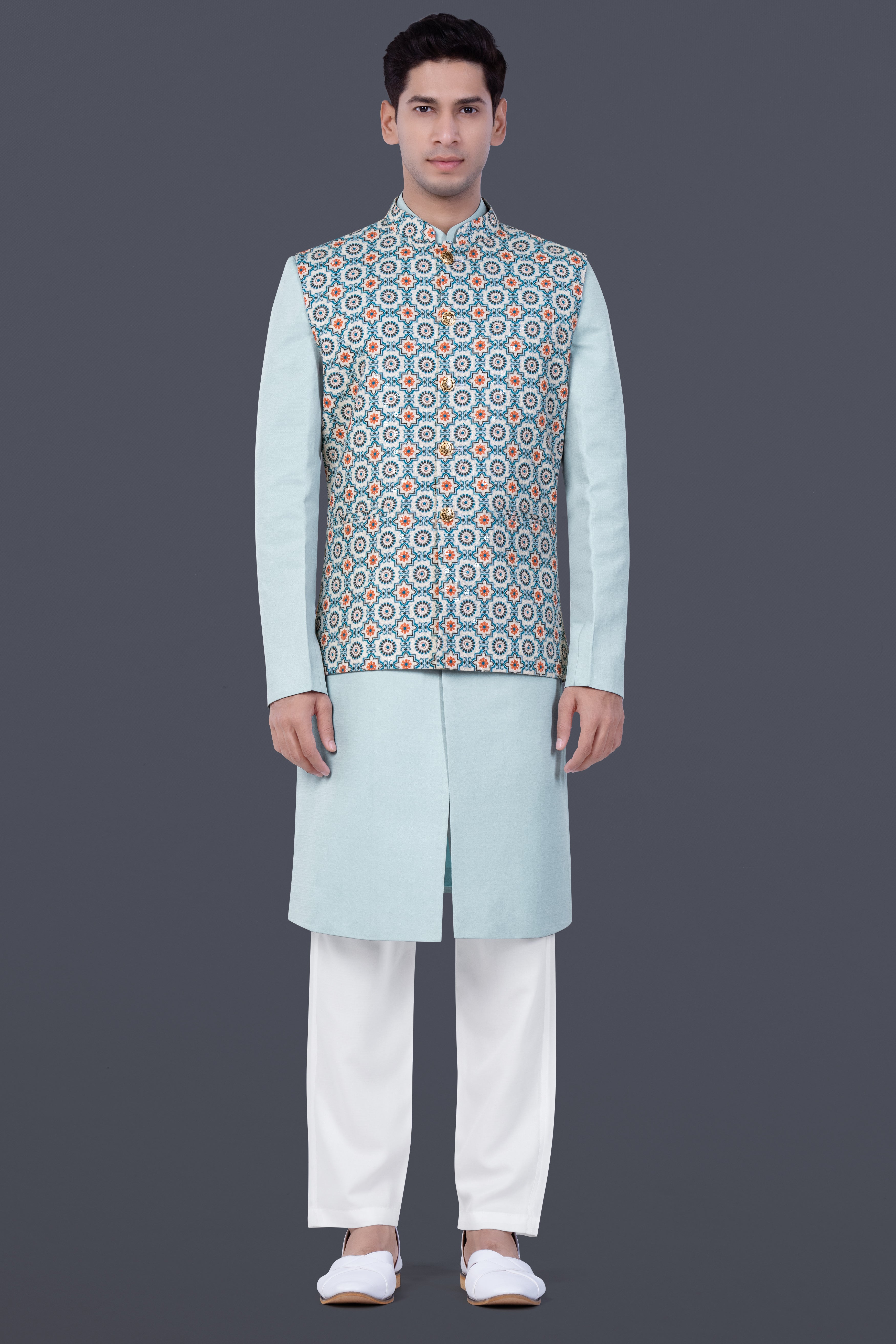 Persian Blue And Crusta Orange hexagon Thread Embroidered Nehru Jacket