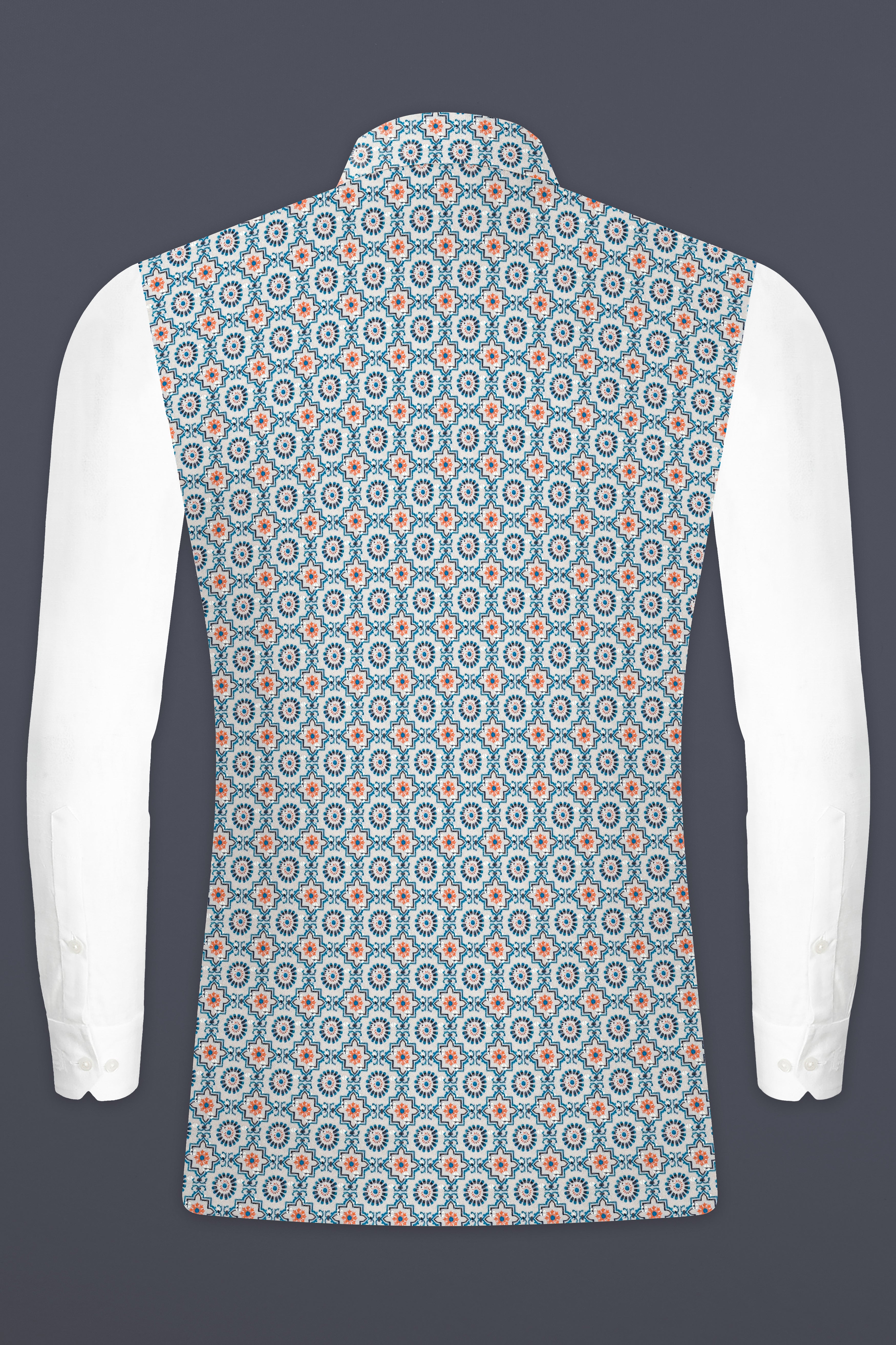Persian Blue And Crusta Orange hexagon Thread Embroidered Nehru Jacket