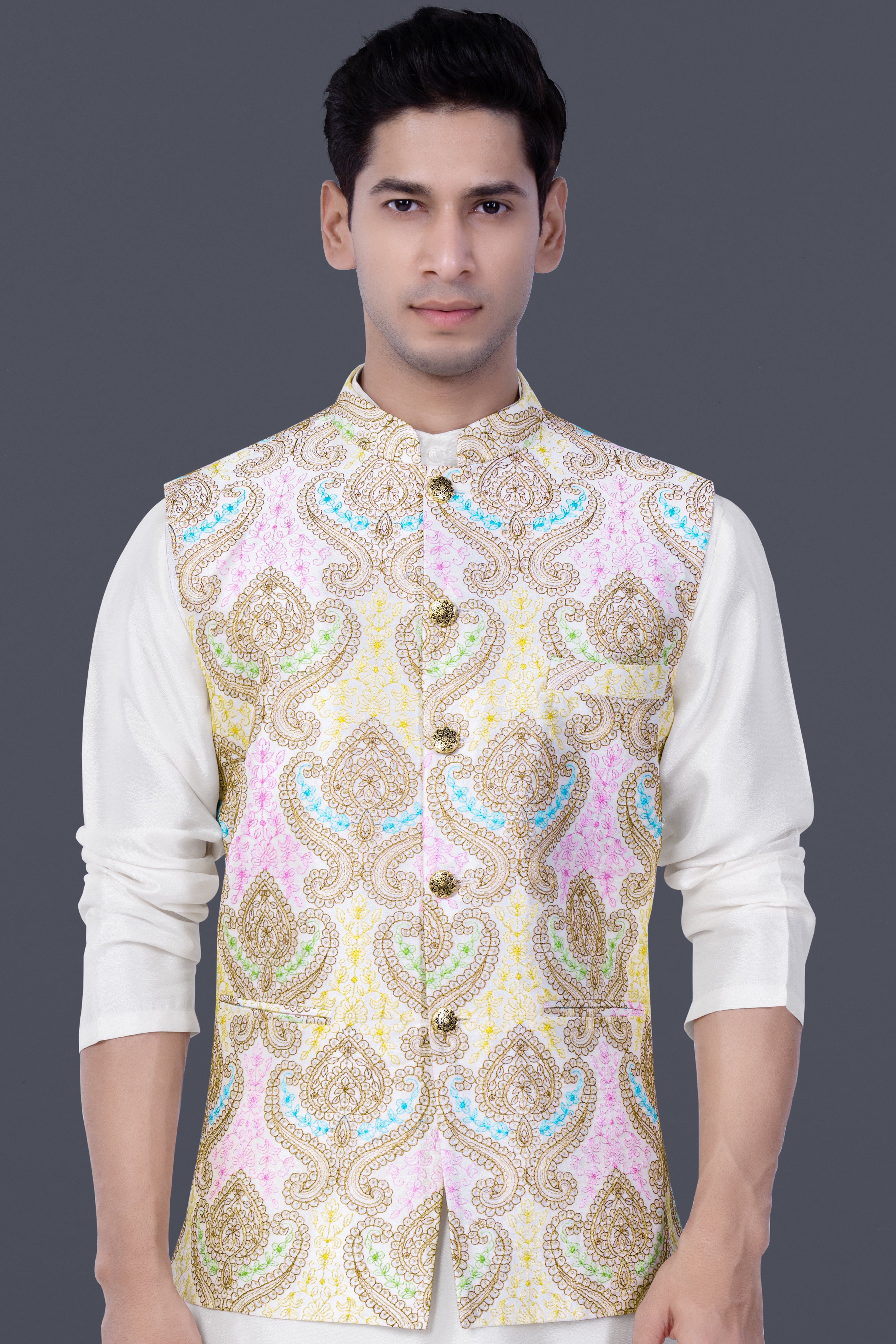 Neon Fuchsia Pink And Starship Yellow MultiColour Embroidered Nehru Jacket