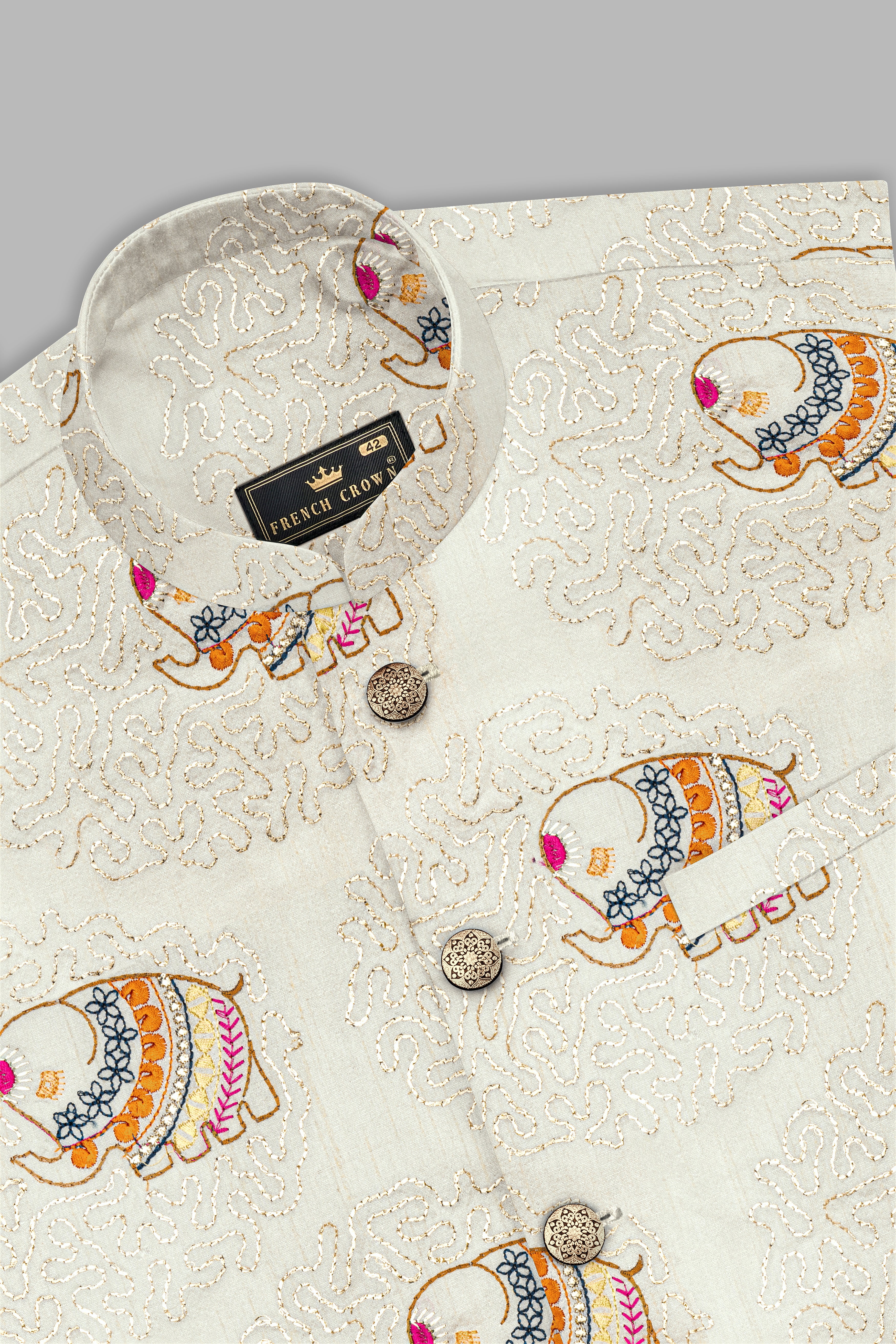 Soft Amber Cream Designer Elephant Embroidered Nehru Jacket
