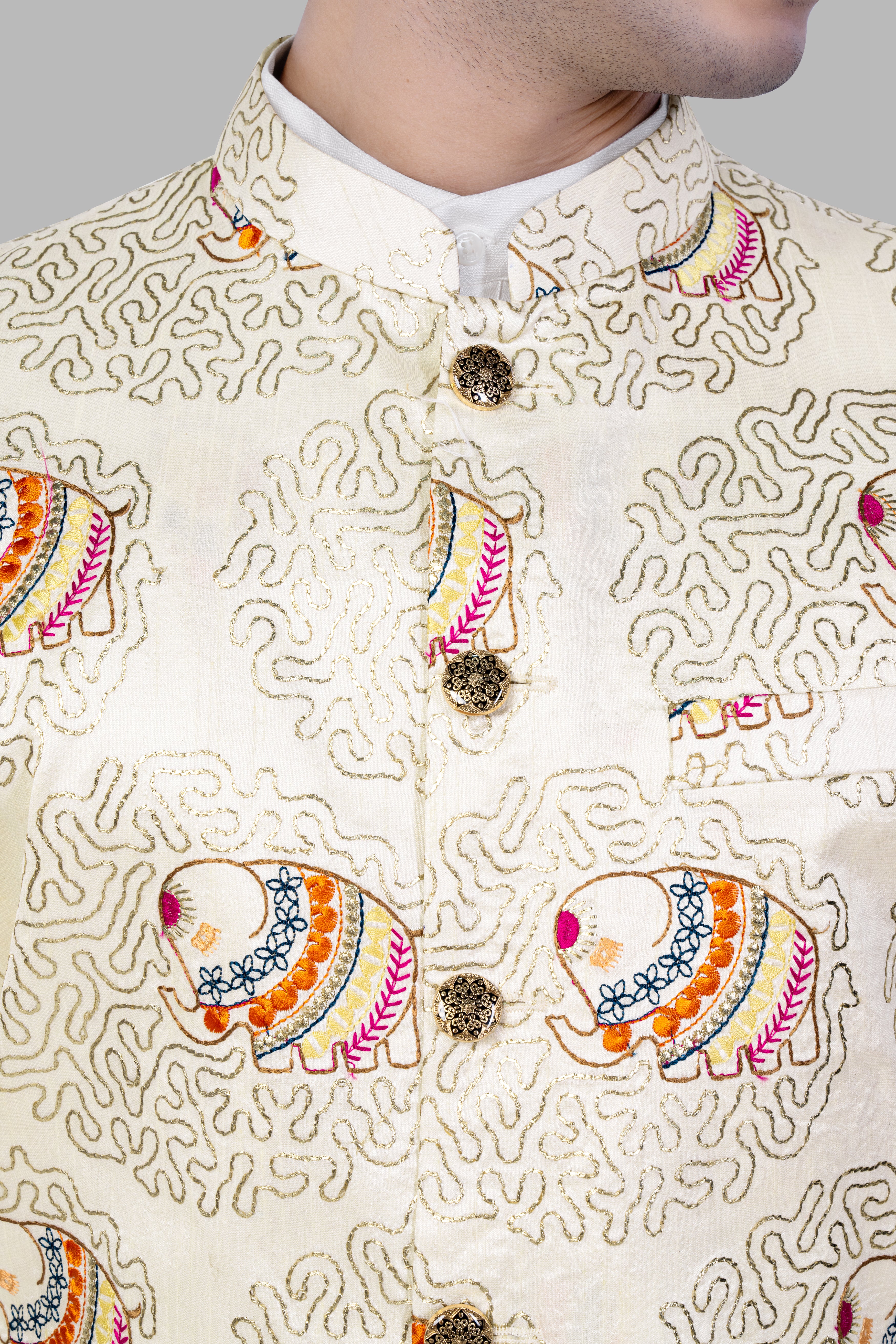 Soft Amber Cream Designer Elephant Embroidered Nehru Jacket