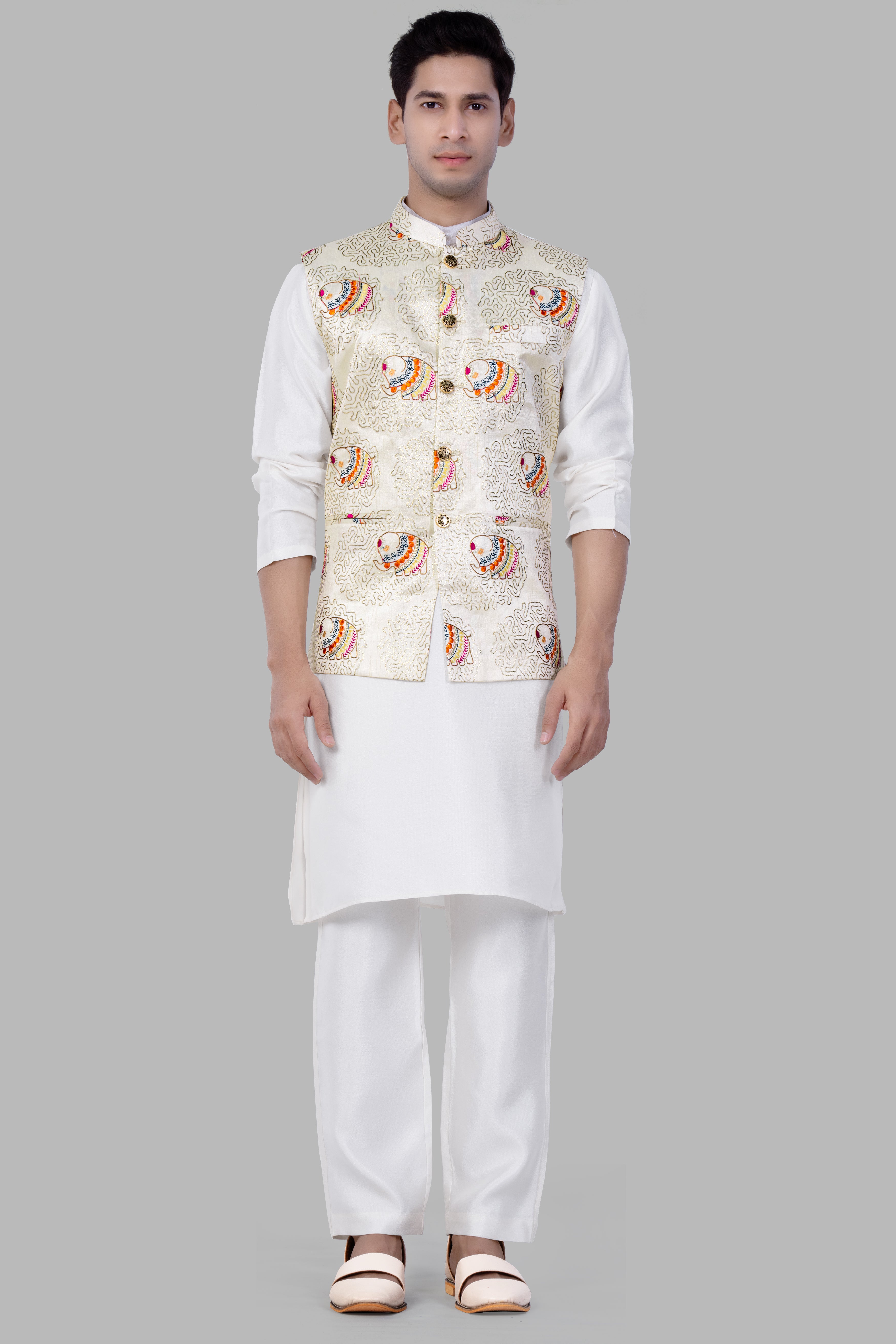 Soft Amber Cream Designer Elephant Embroidered Nehru Jacket
