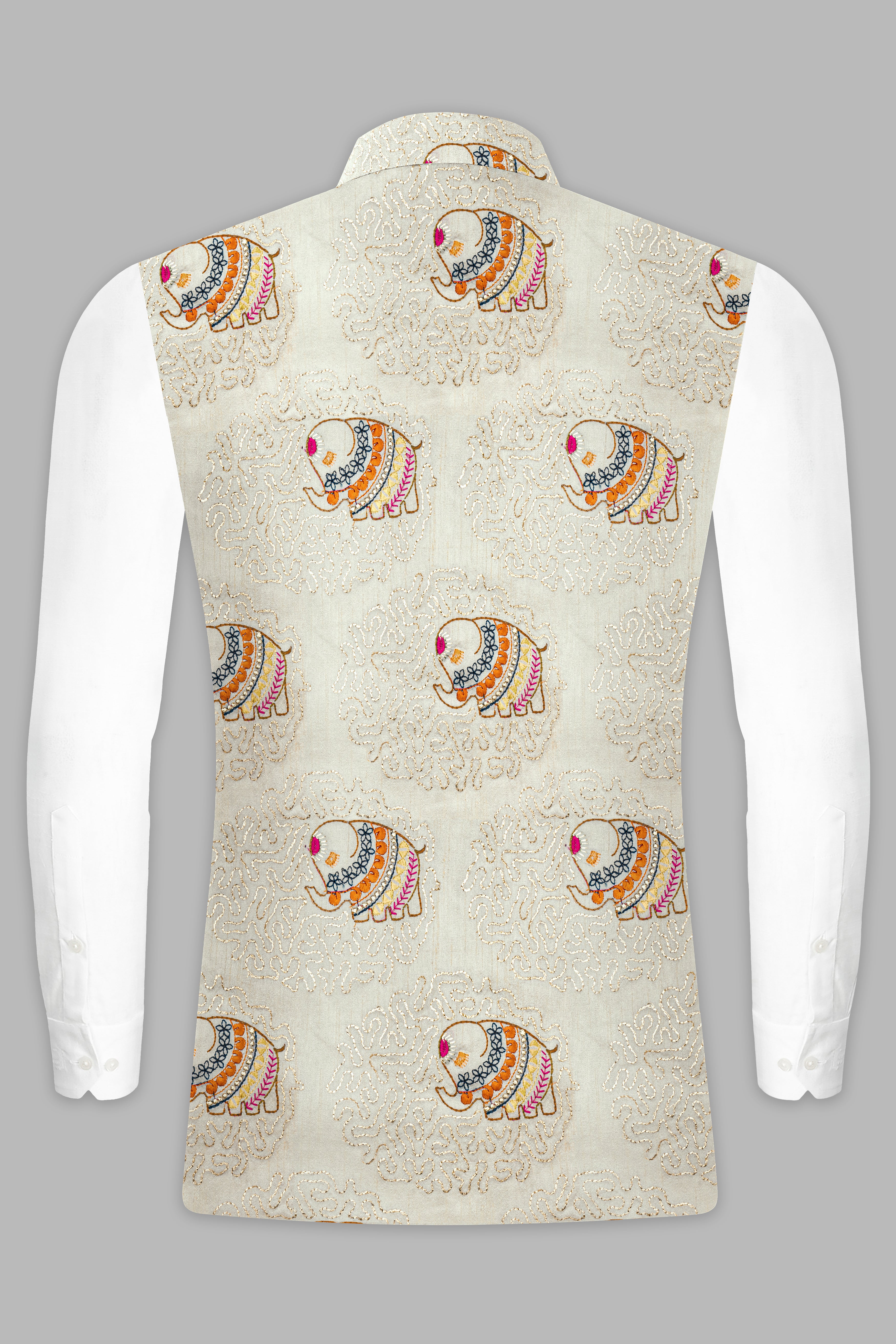 Soft Amber Cream Designer Elephant Embroidered Nehru Jacket