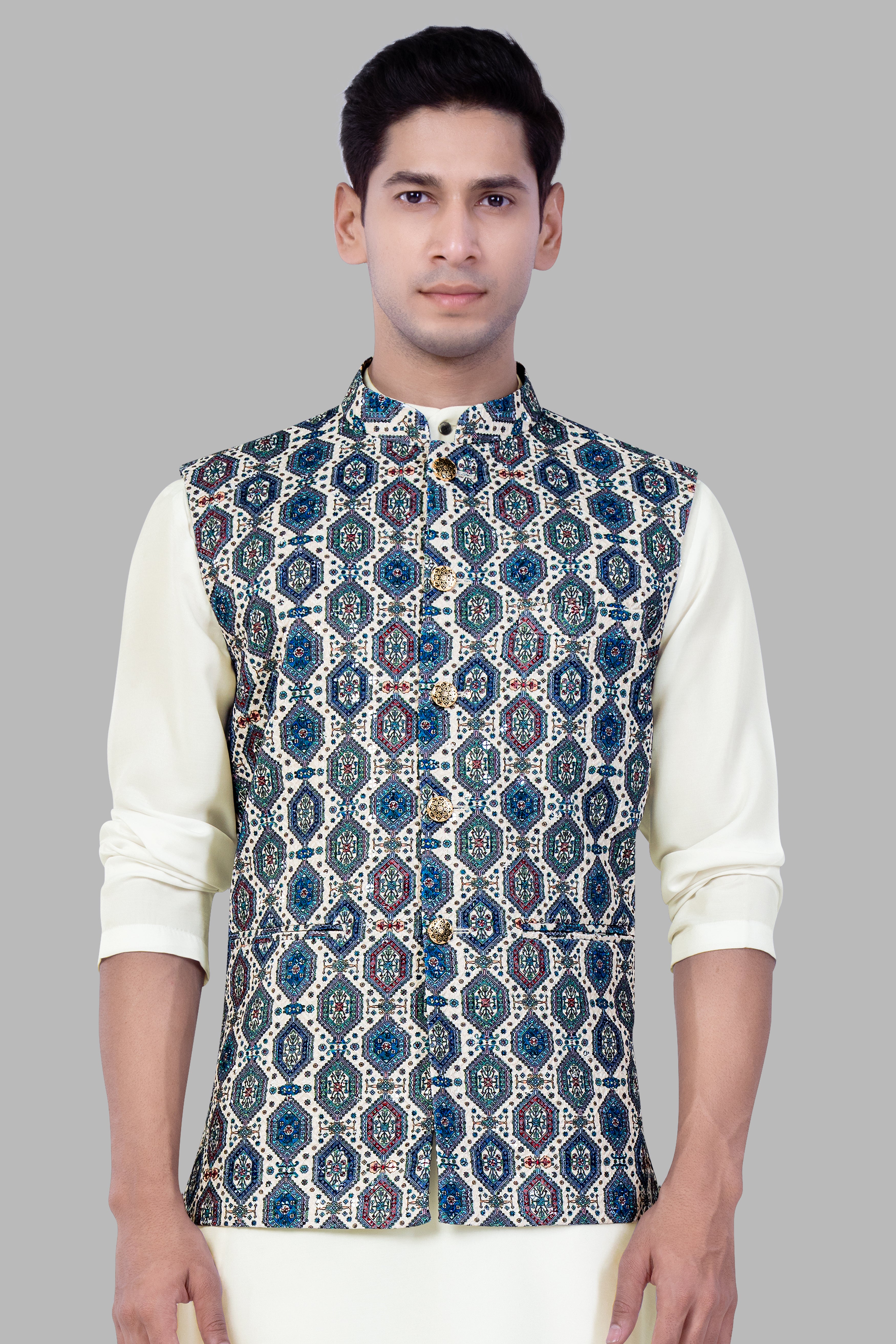 Bluish blue And Claret Red Thread Embroidered Nehru Jacket