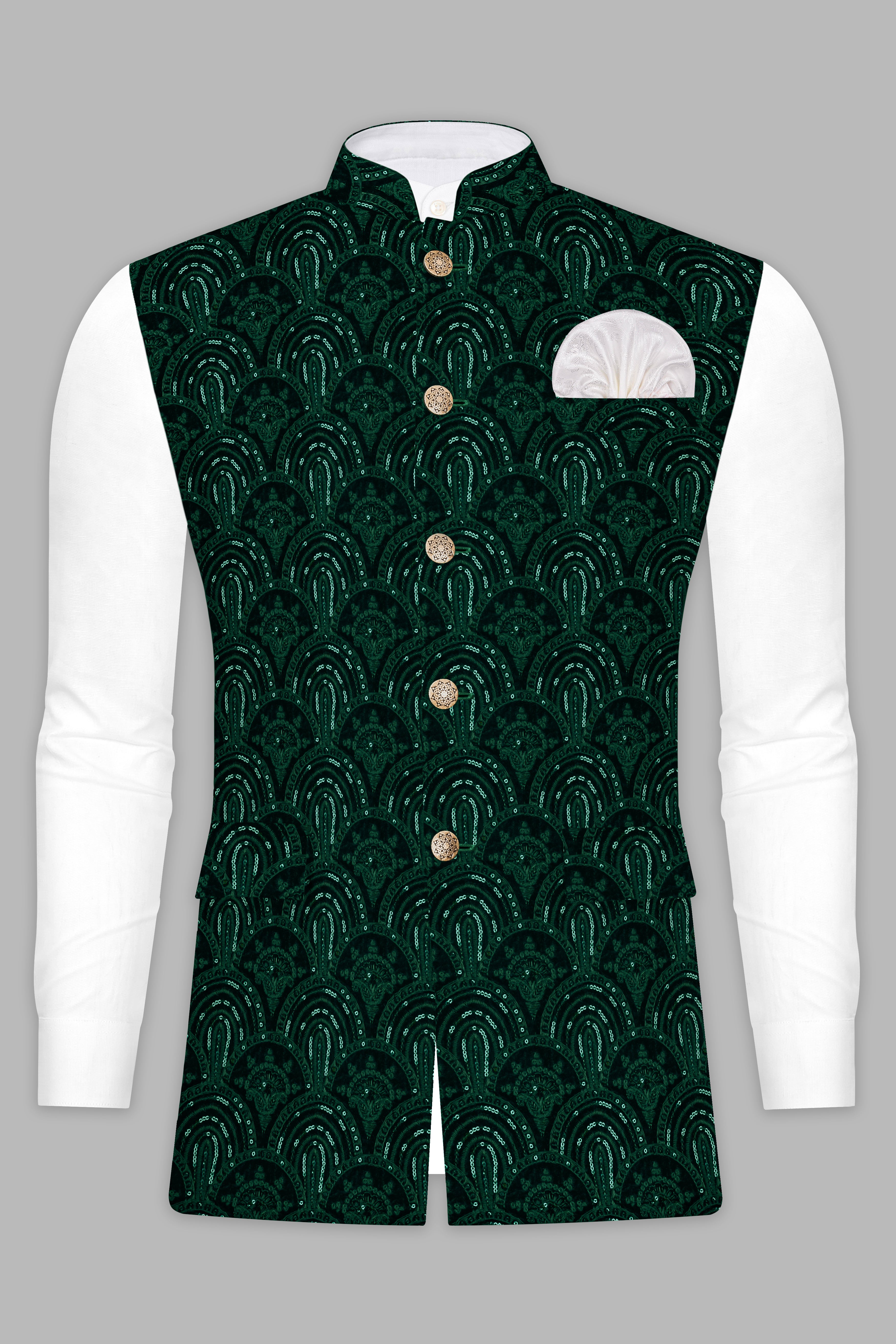 Holly Green Velvet Sequins And Thread Embroidered Nehru Jacket