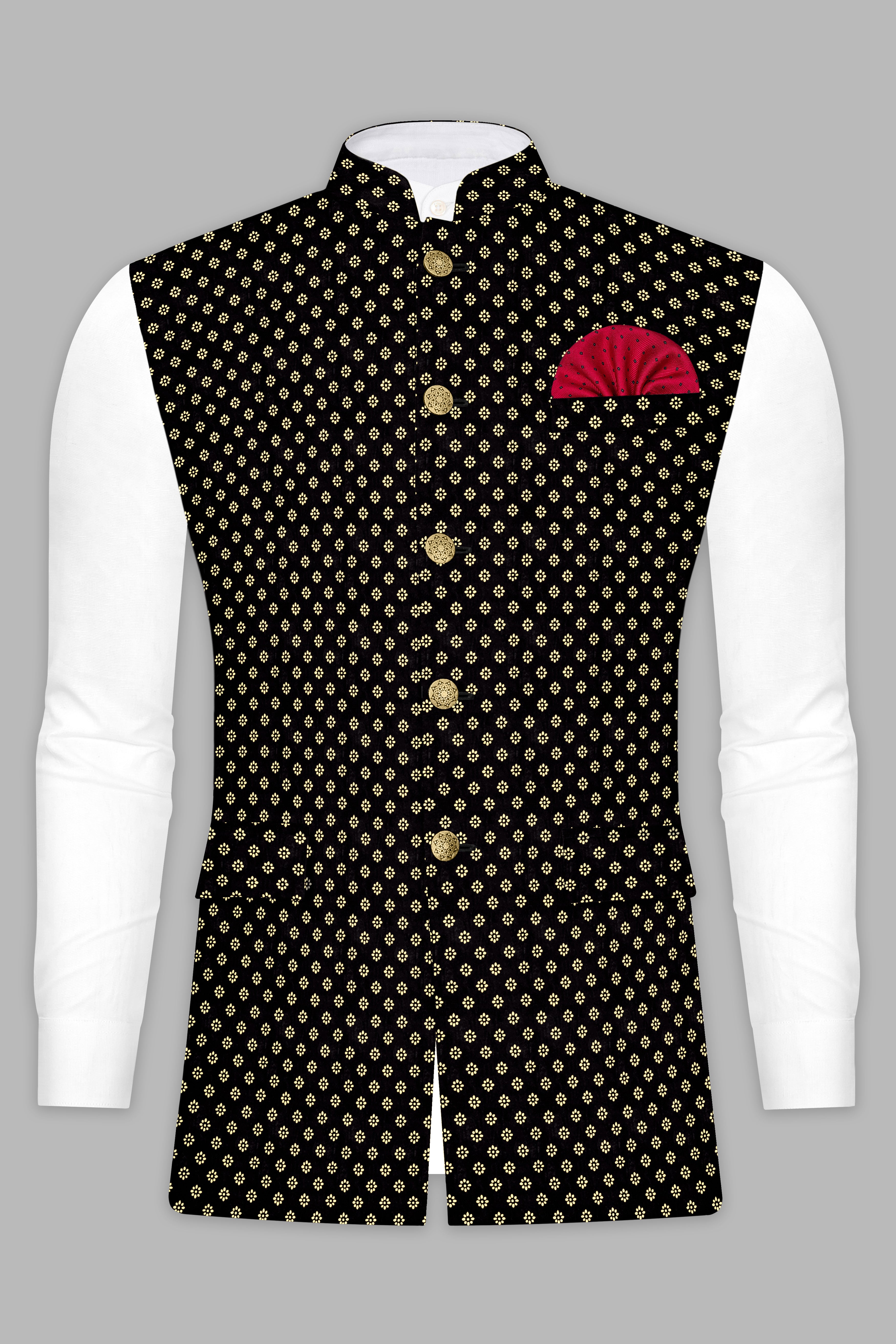 Jade Black Velvet Golden Flower Printed Designer Nehru Jacket