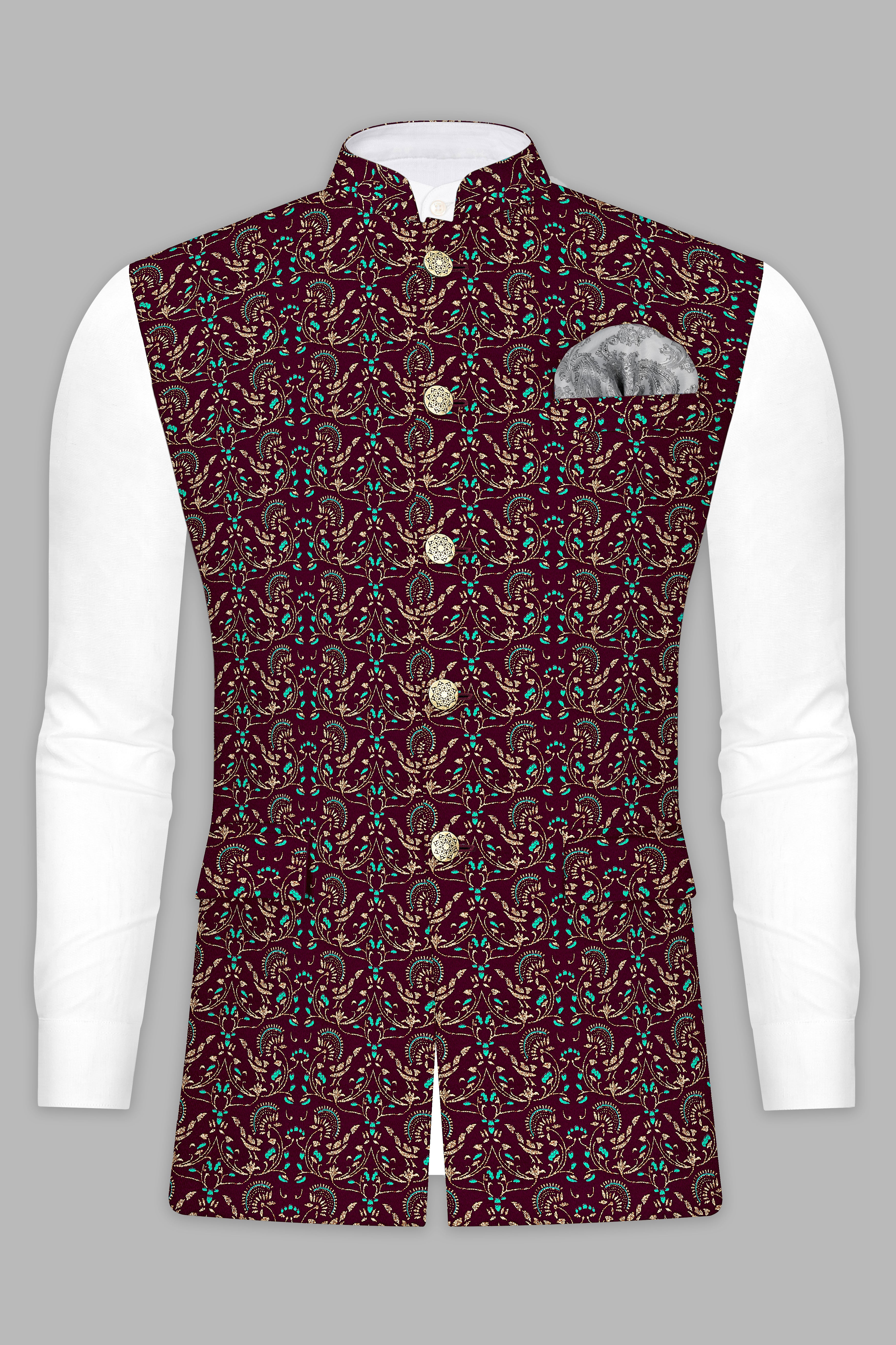 Ecilpse Maroon And Fountain Blue Velvet Printed Designer Nehru Jacket