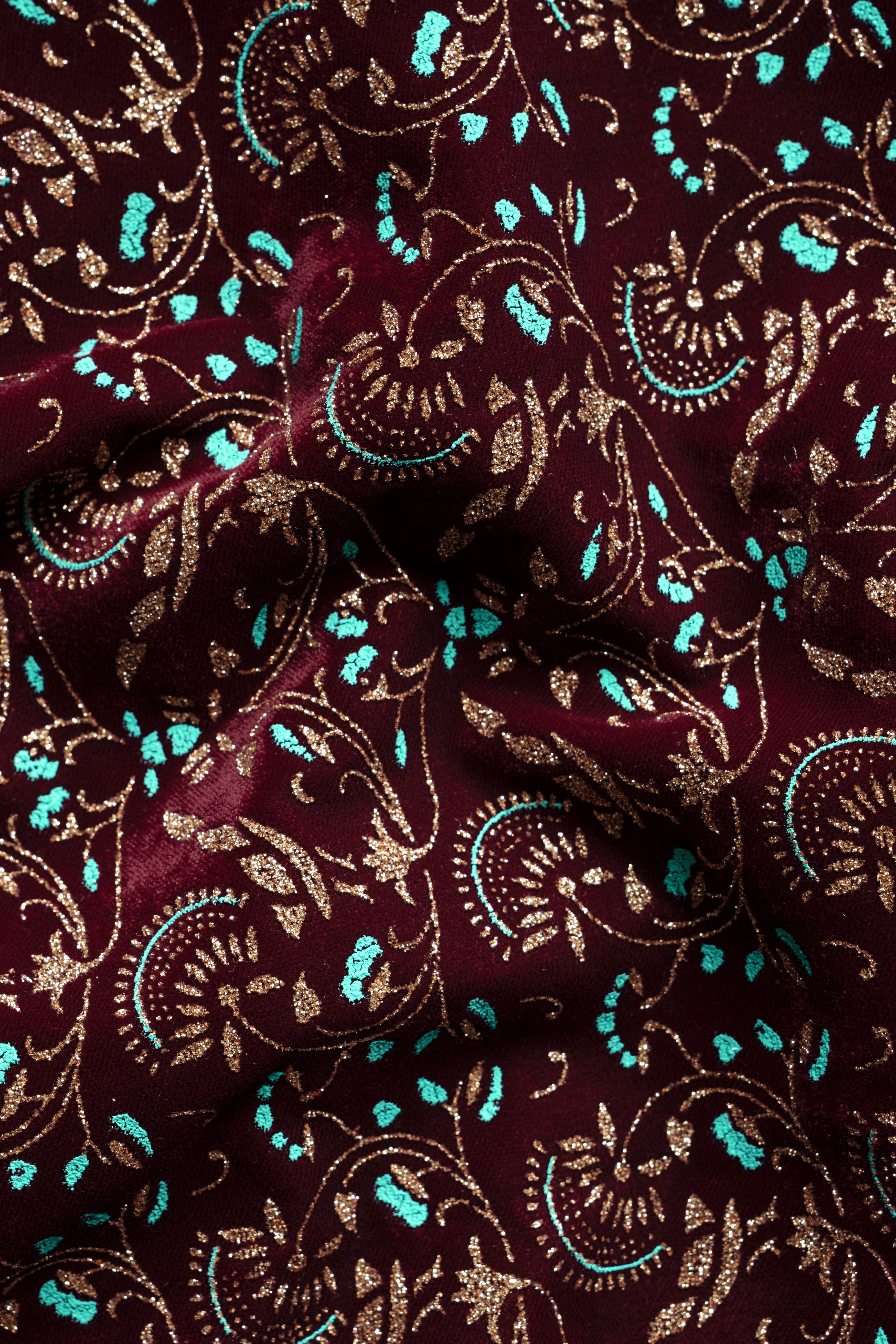 Ecilpse Maroon And Fountain Blue Velvet Printed Designer Nehru Jacket