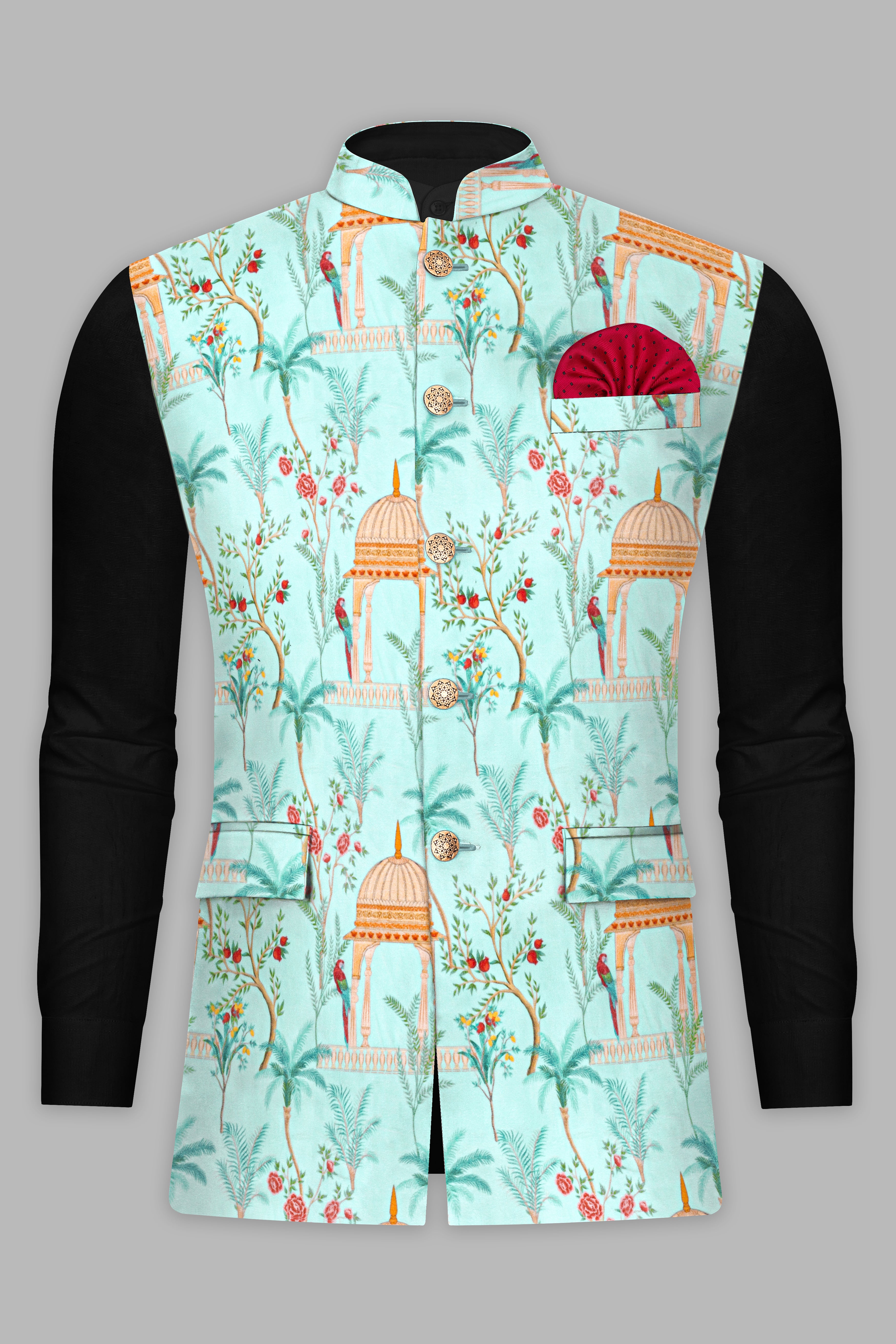 Mint Tulip Blue And Maize Orange Velvet Mughal garden arch Printed Nehru Jacket