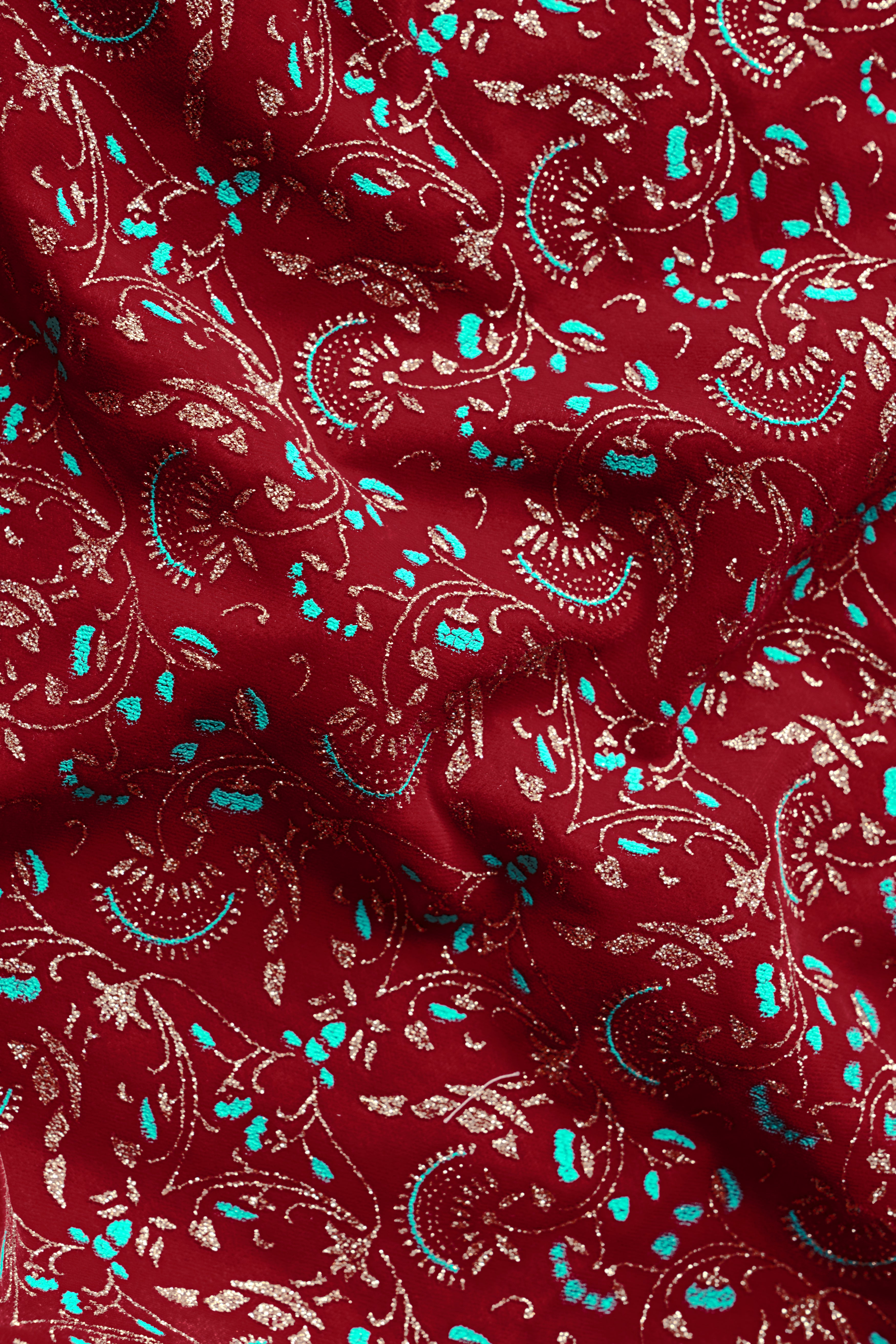 Claret Red And Aqua Marine Blue Velvet Printed Designer Nehru Jacket