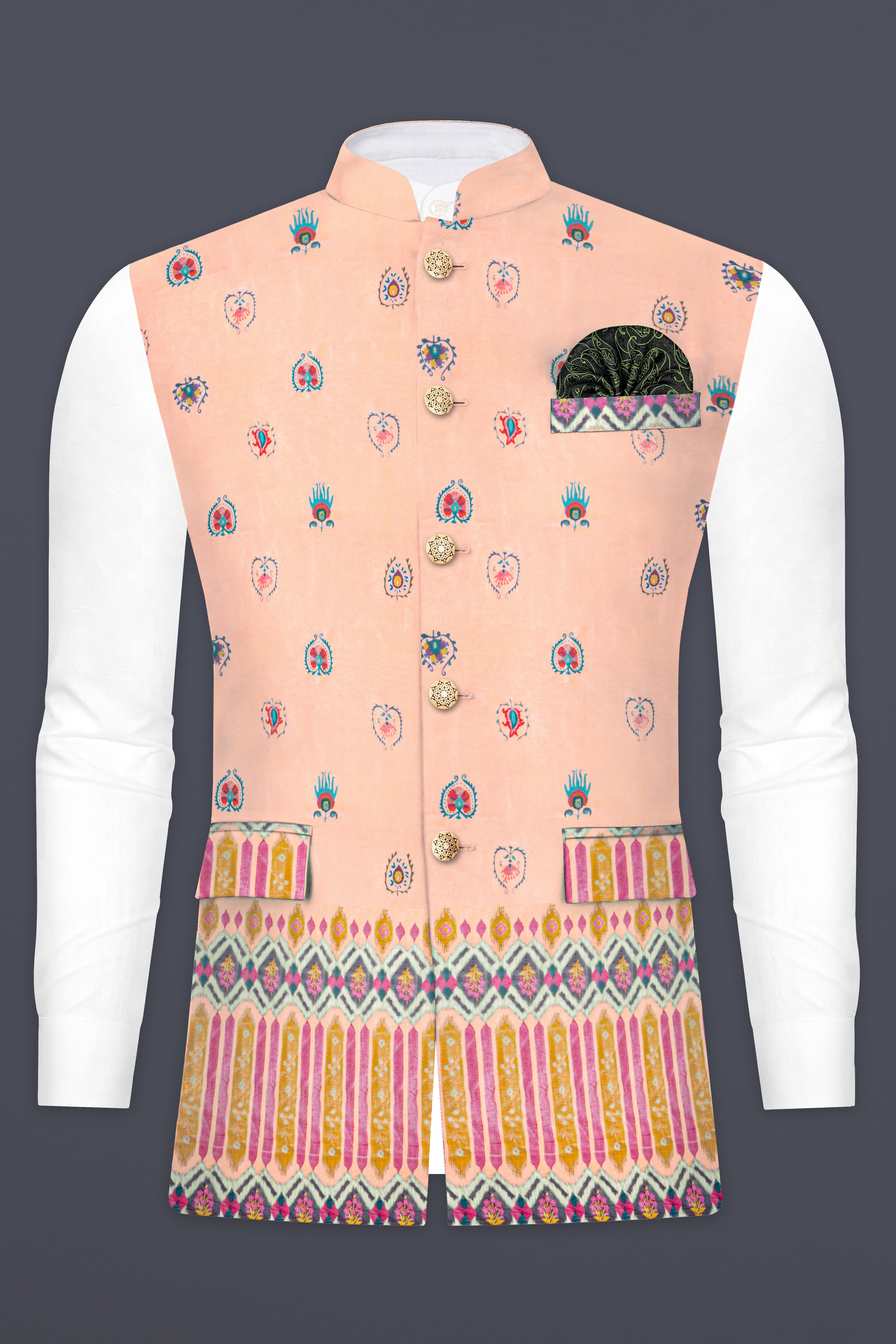 Spanish Peach And Glacier Blue Velvet Printed Designer Nehru Jacket