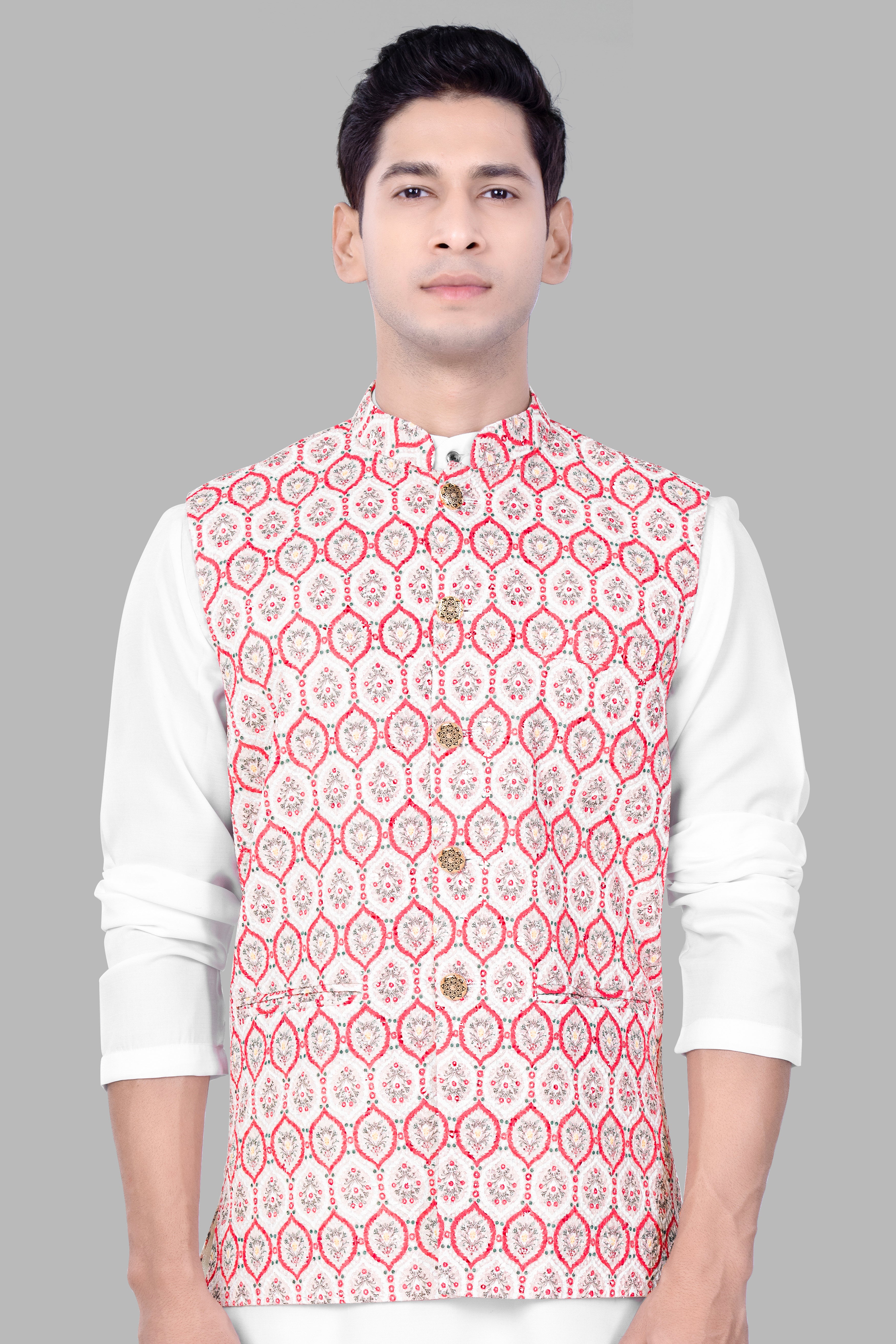 Flamingo Pink And Magnolia White Designer Embroidered Nehru Jacket