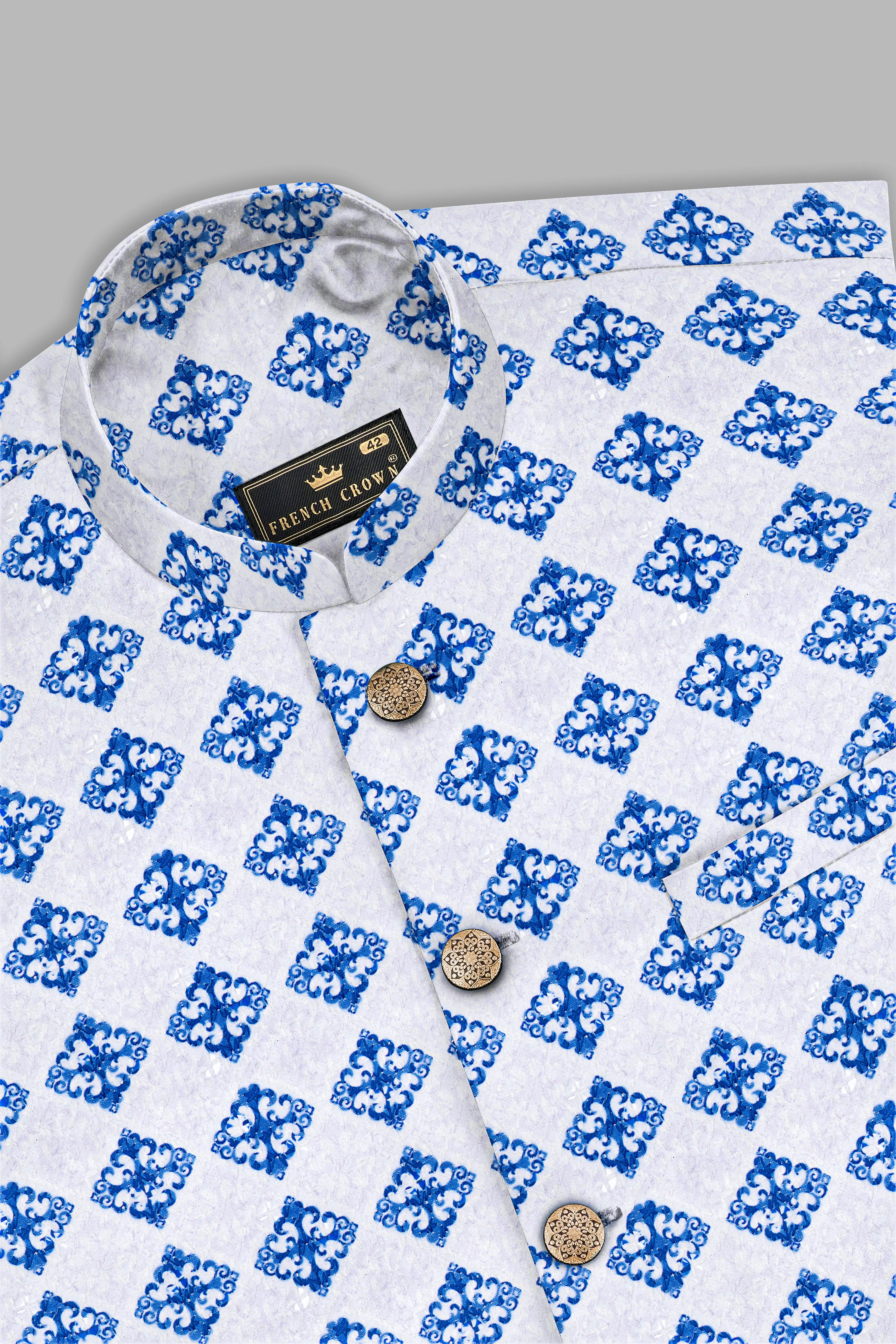 Bluish Blue And Bright White Trellis Designer Embroidered Nehru Jacket