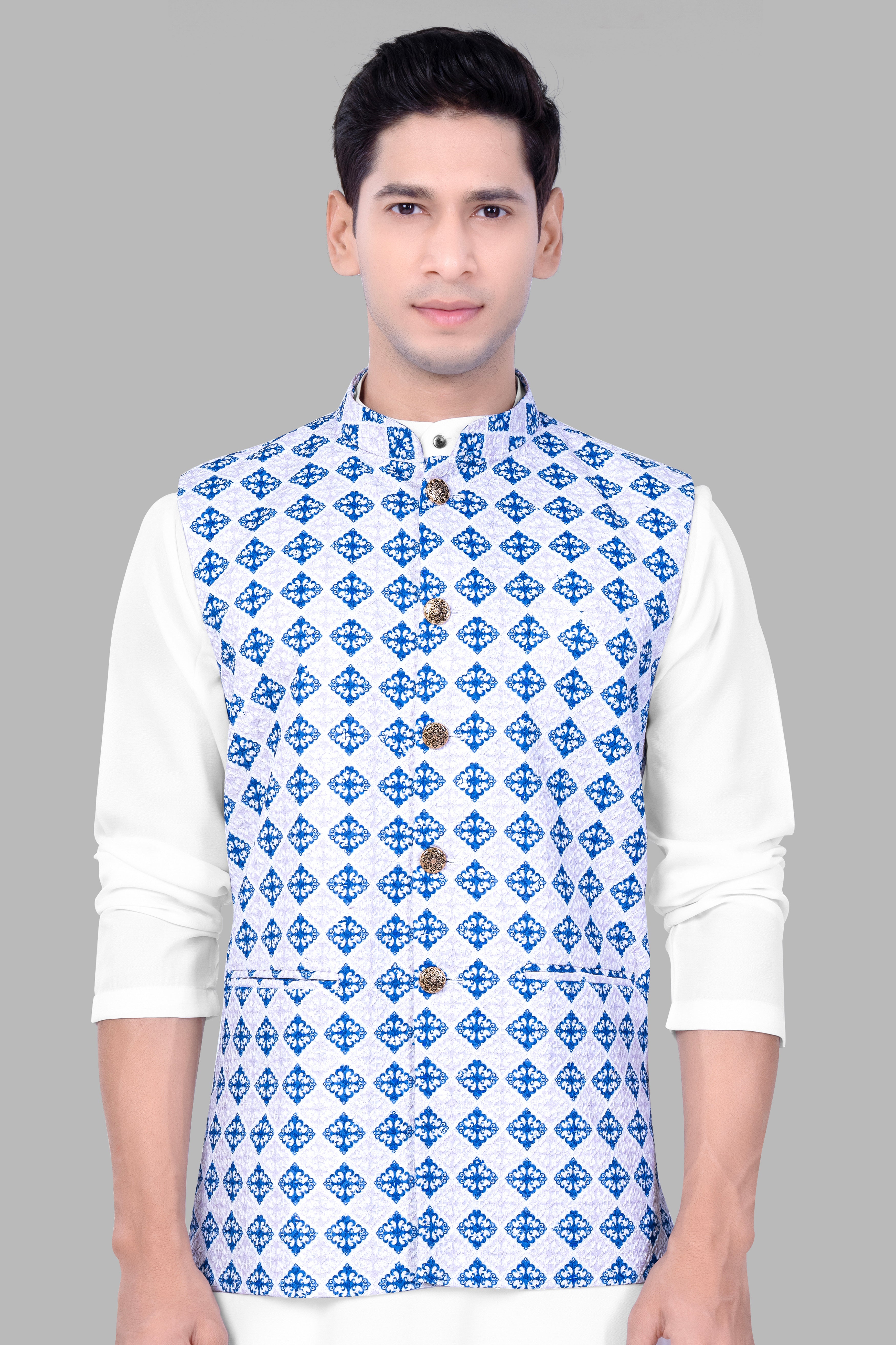 Bluish Blue And Bright White Trellis Designer Embroidered Nehru Jacket