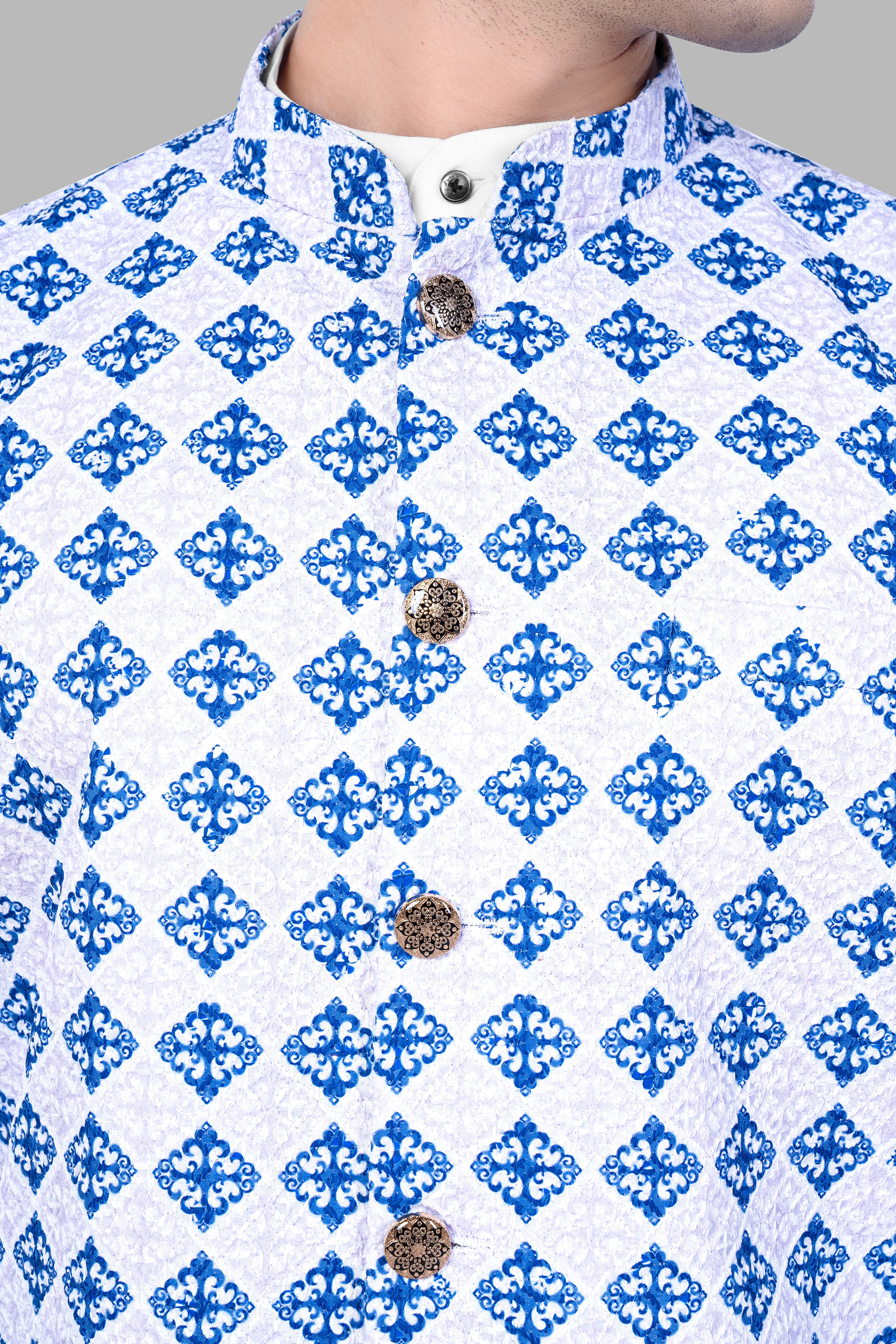 Bluish Blue And Bright White Trellis Designer Embroidered Nehru Jacket