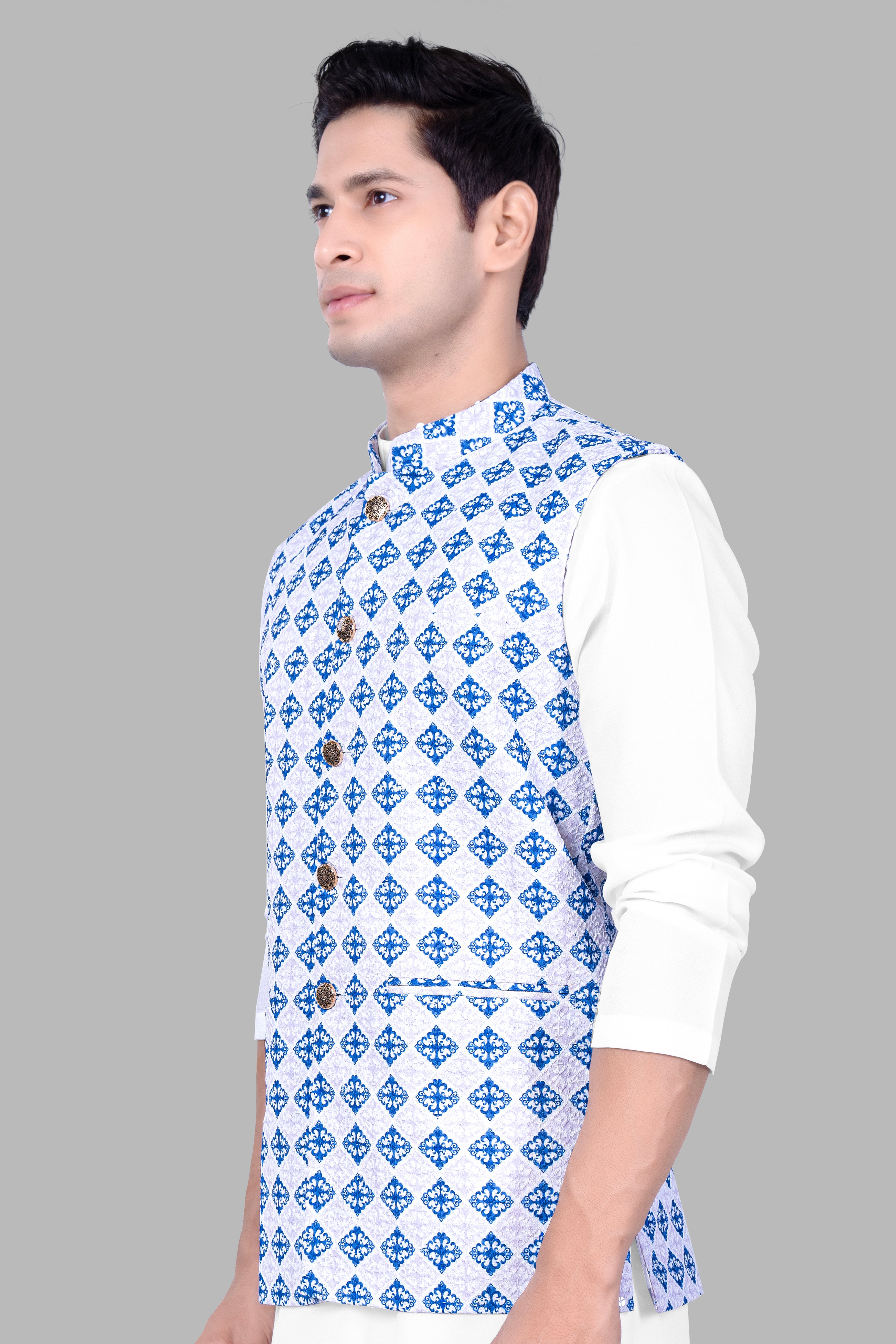 Bluish Blue And Bright White Trellis Designer Embroidered Nehru Jacket