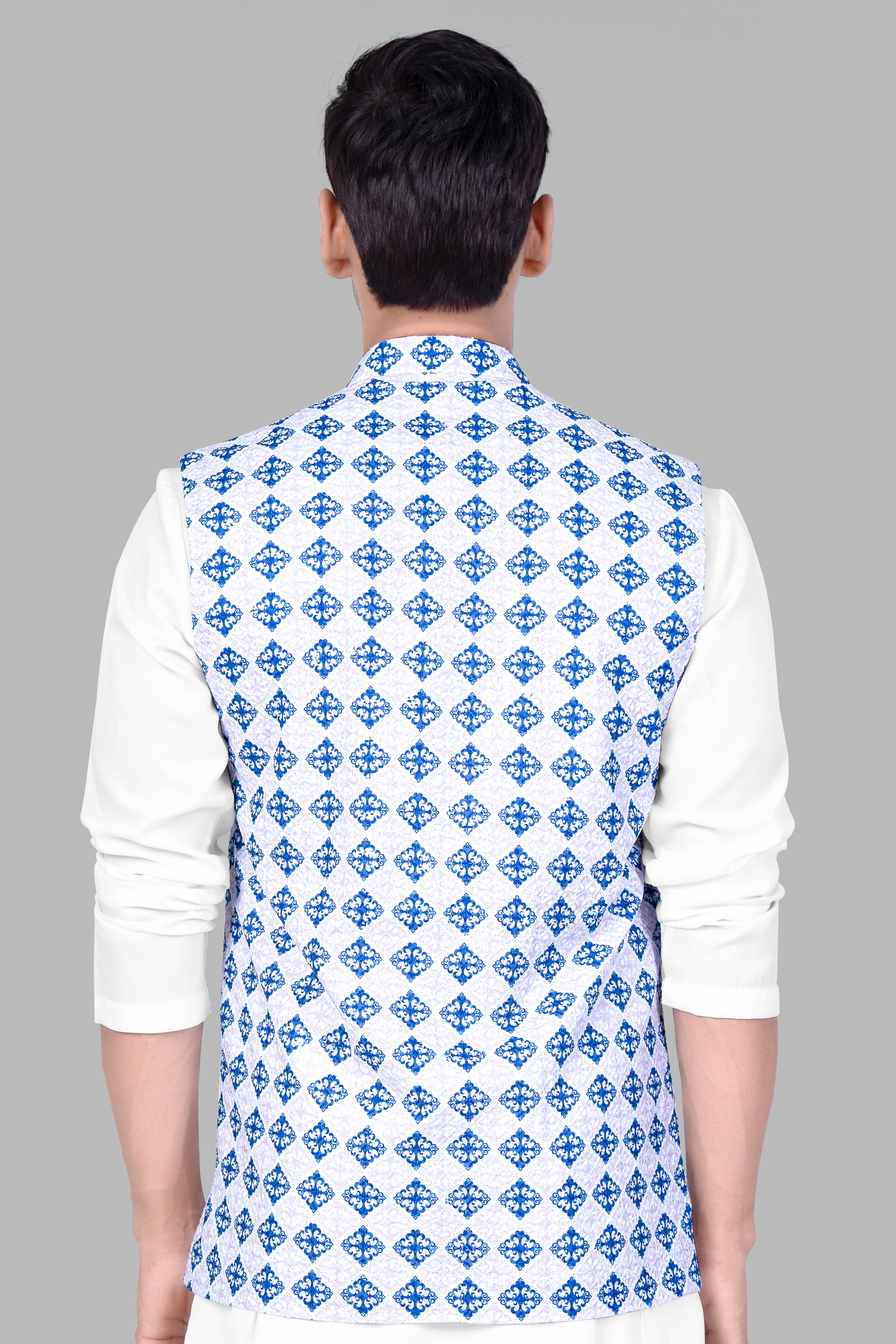Bluish Blue And Bright White Trellis Designer Embroidered Nehru Jacket