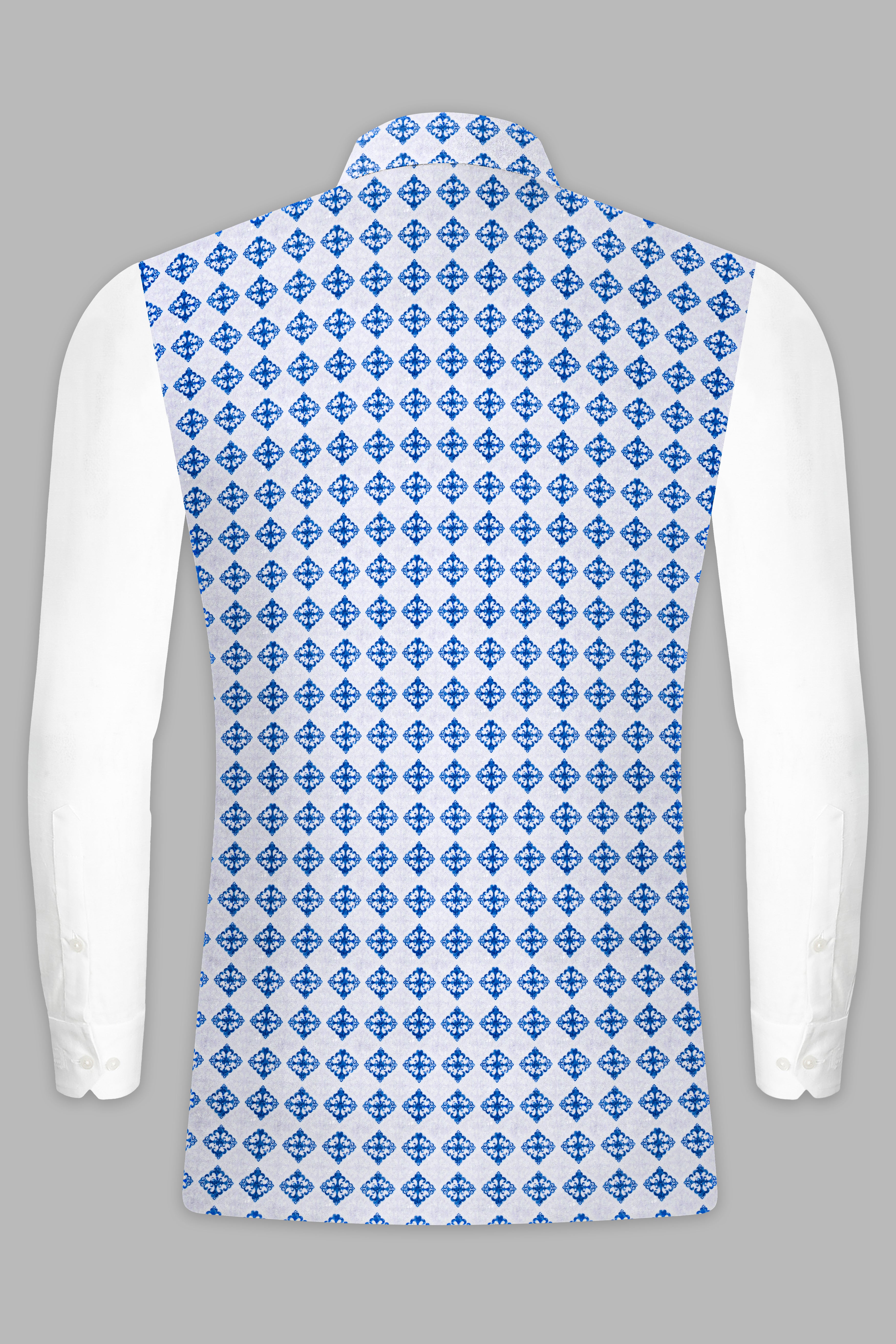 Bluish Blue And Bright White Trellis Designer Embroidered Nehru Jacket