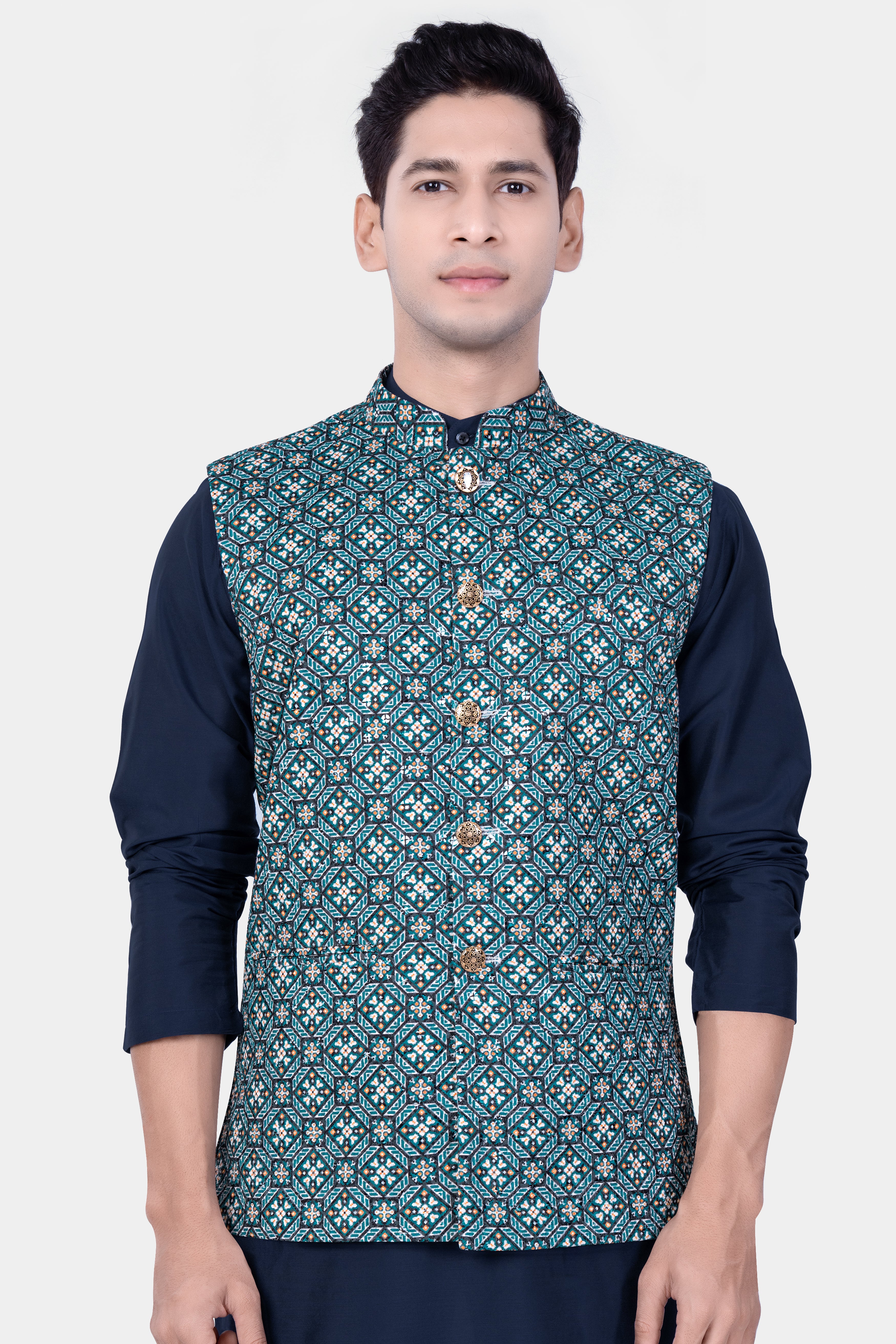 Surfie Blue And Tangerine Orange Designer Embroidered Nehru Jacket