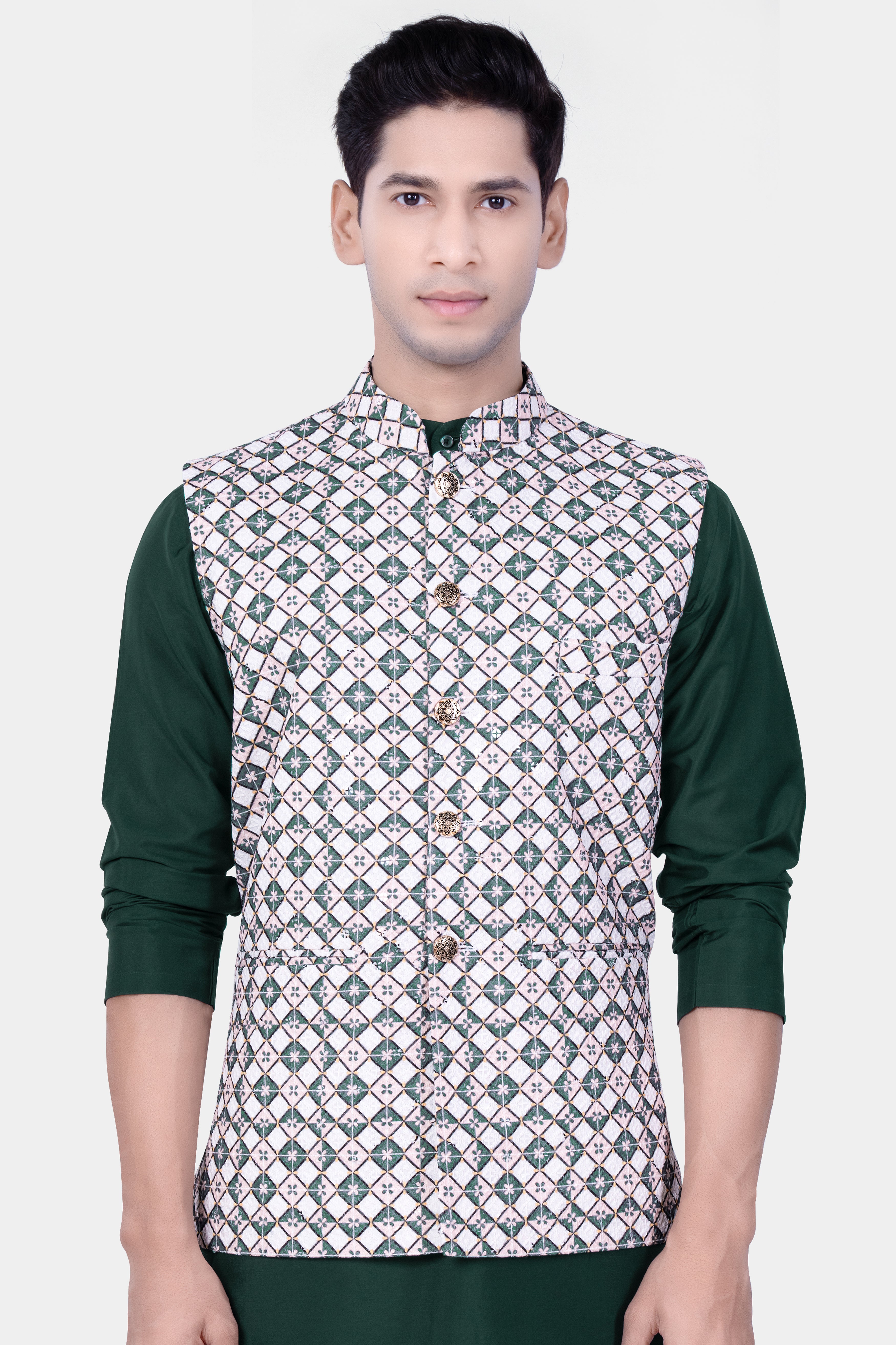 Bright White And Willam Green Trellis Designer Embroidered Nehru Jacket