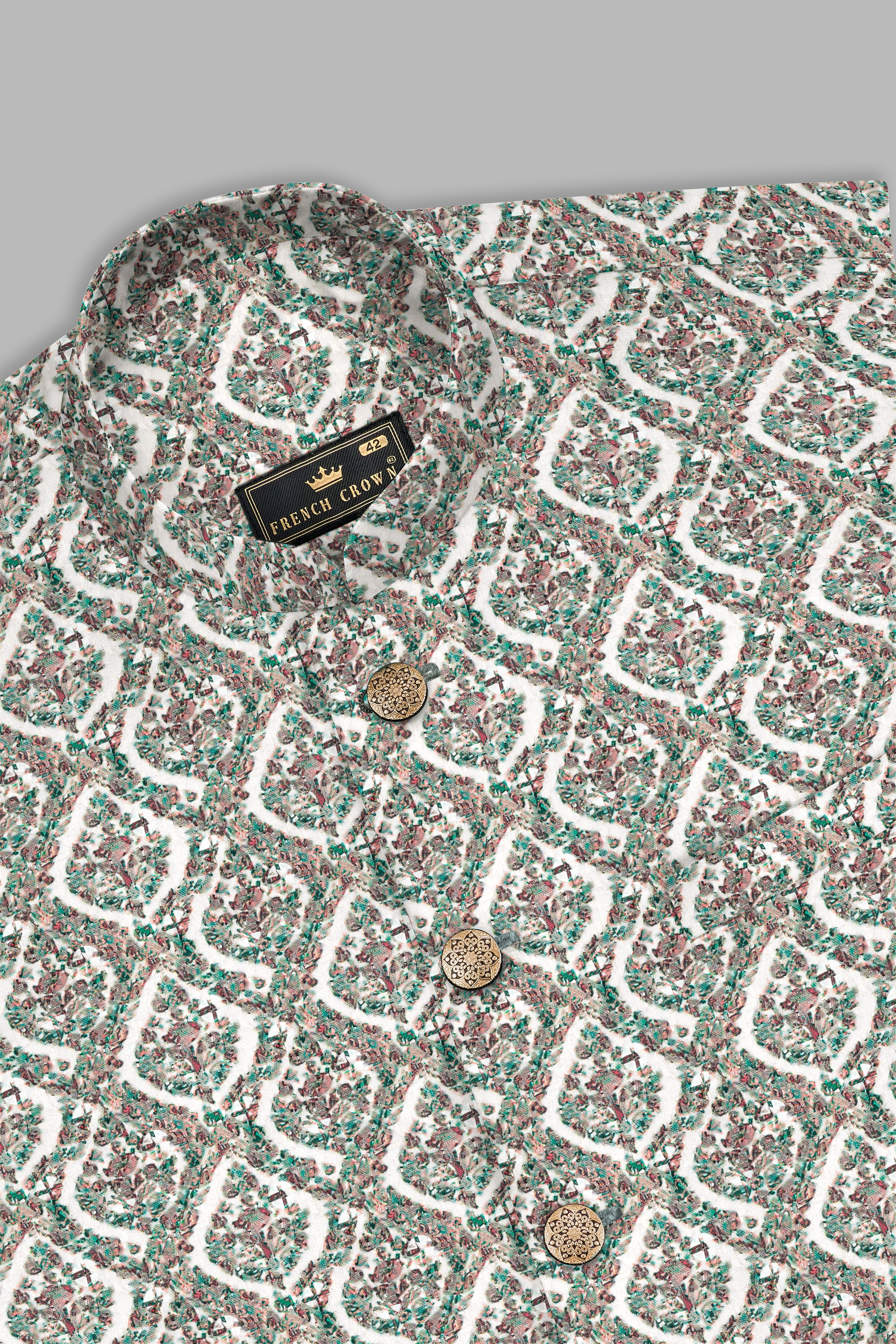 Bright White And Patina Green MultiColour Designer Embroidered Nehru Jacket