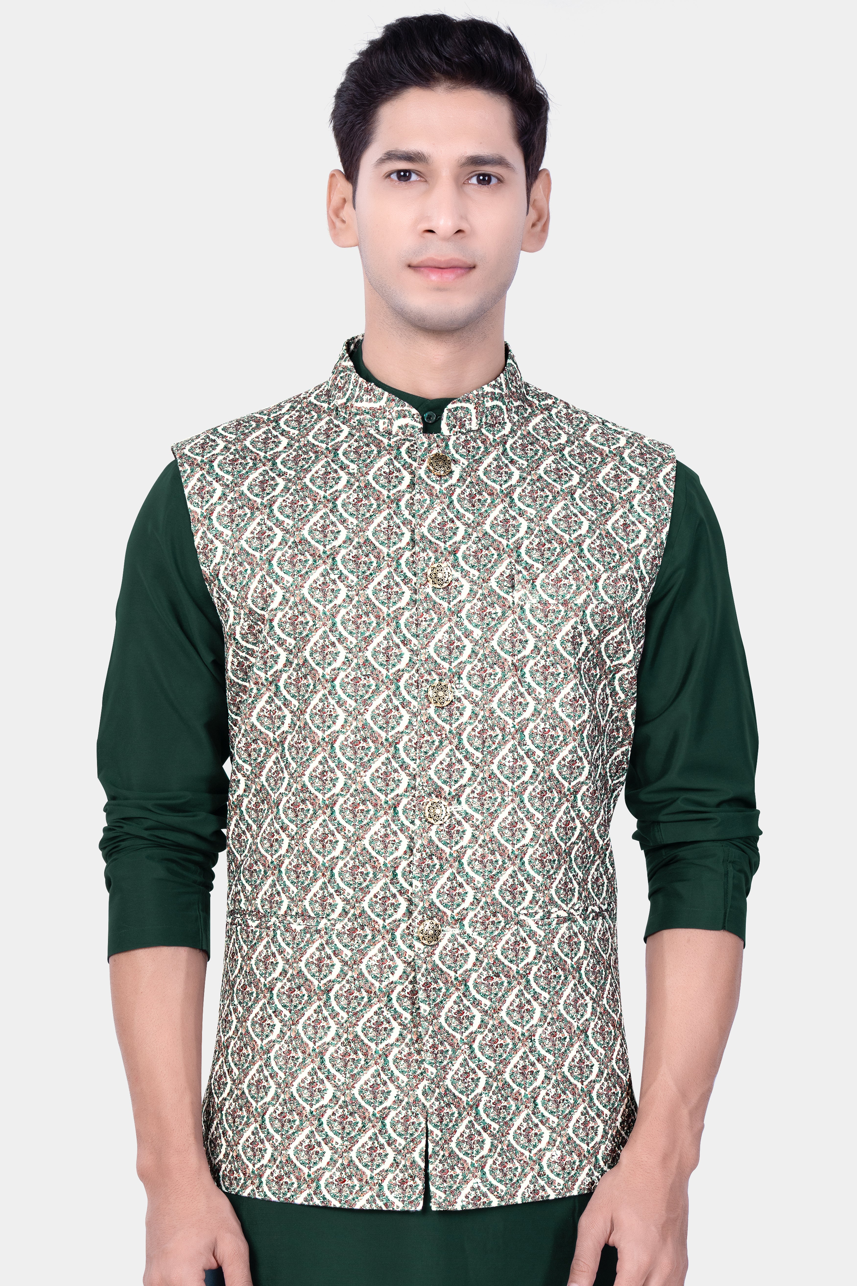 Bright White And Patina Green MultiColour Designer Embroidered Nehru Jacket