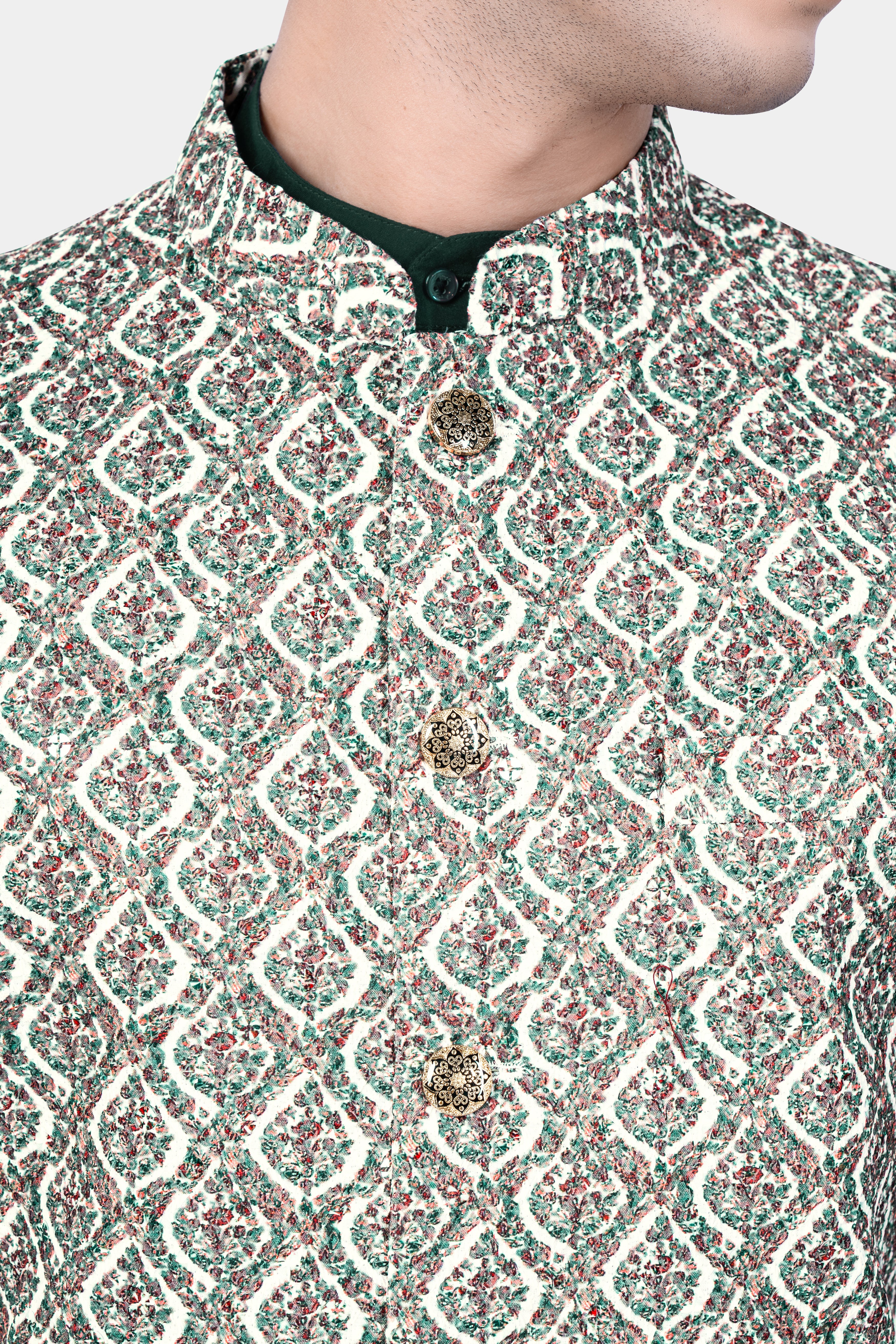 Bright White And Patina Green MultiColour Designer Embroidered Nehru Jacket