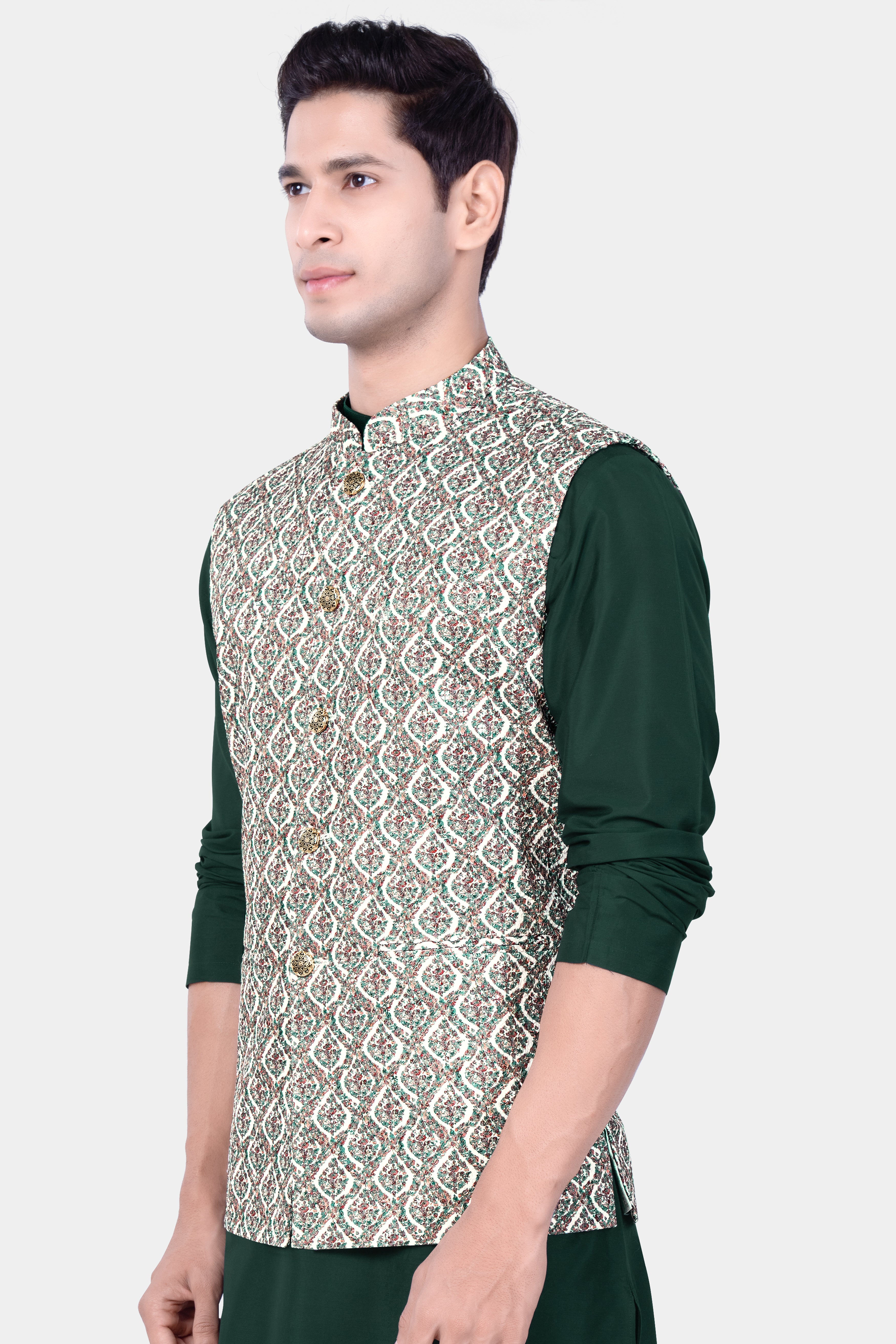 Bright White And Patina Green MultiColour Designer Embroidered Nehru Jacket