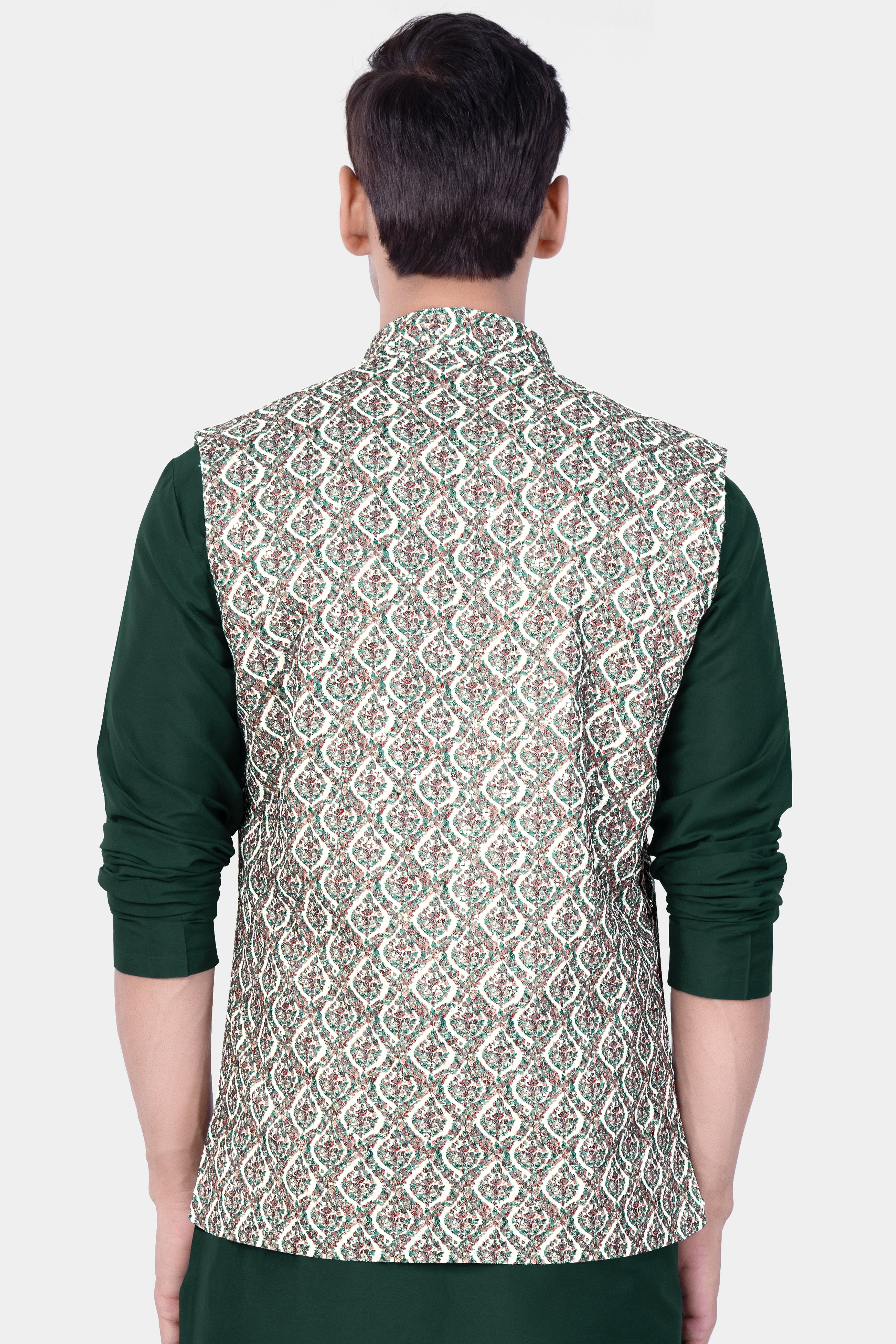 Bright White And Patina Green MultiColour Designer Embroidered Nehru Jacket