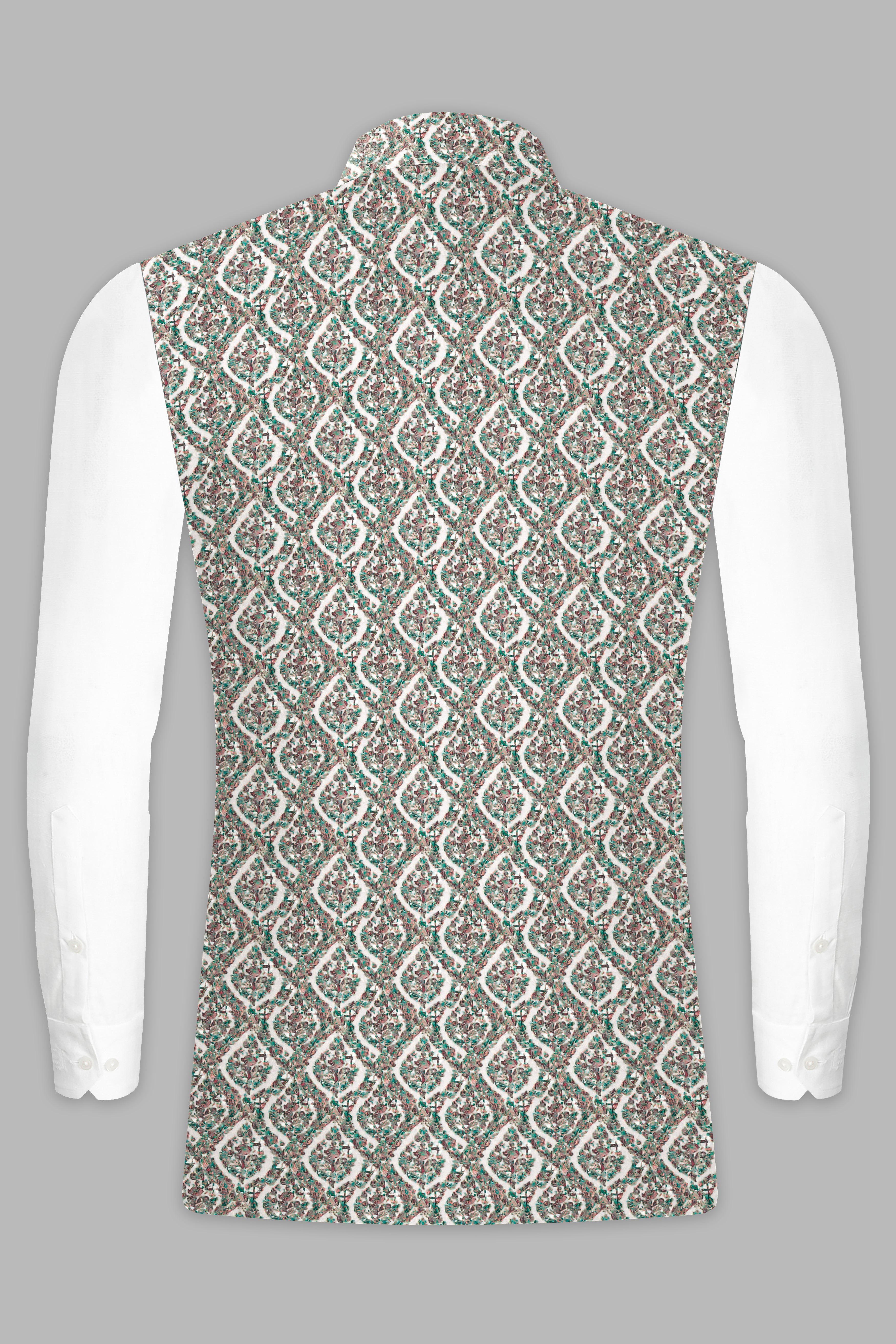 Bright White And Patina Green MultiColour Designer Embroidered Nehru Jacket