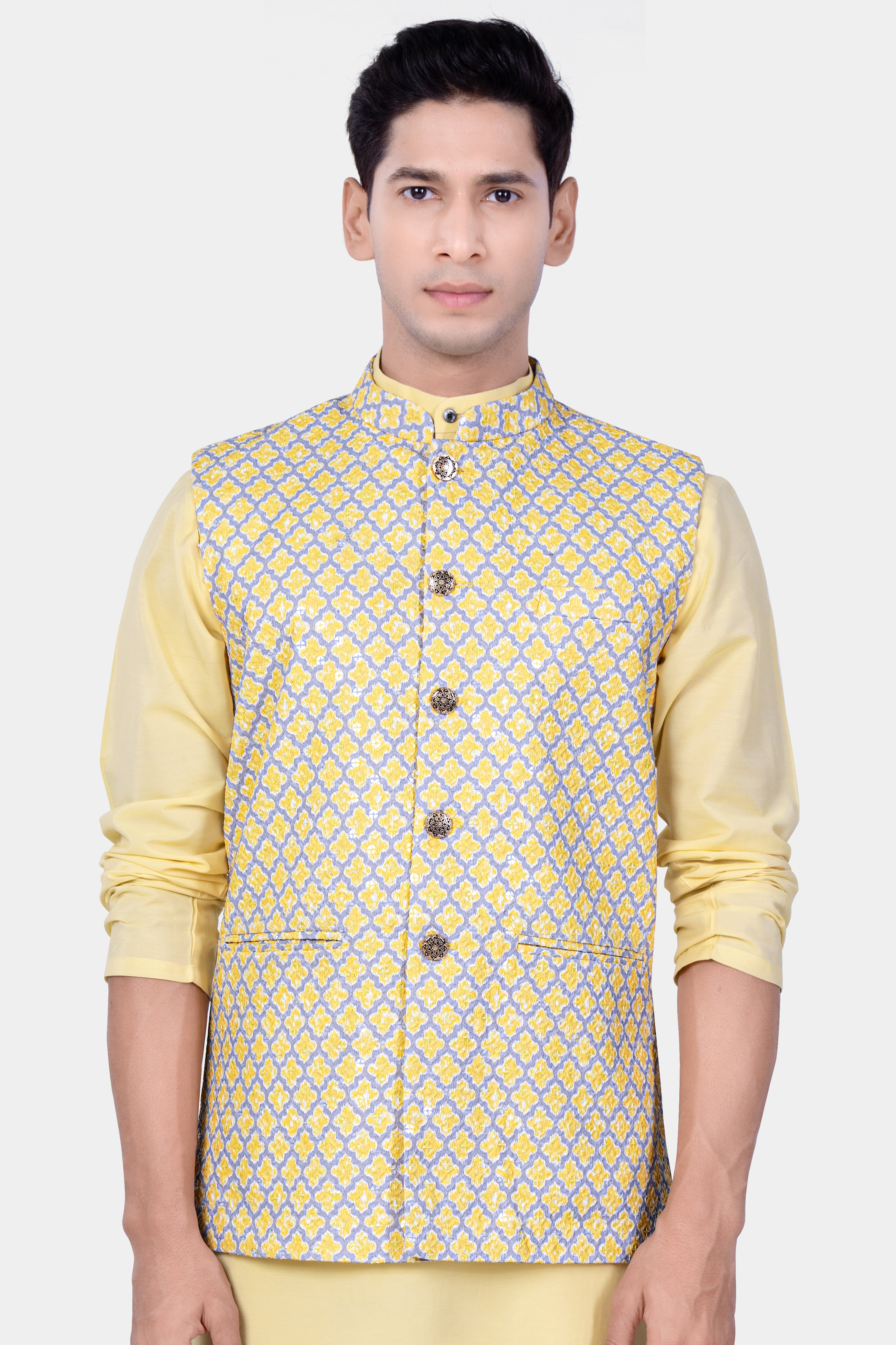 Marzipan Yellow And Casper Gray Thread Embroidered Nehru Jacket