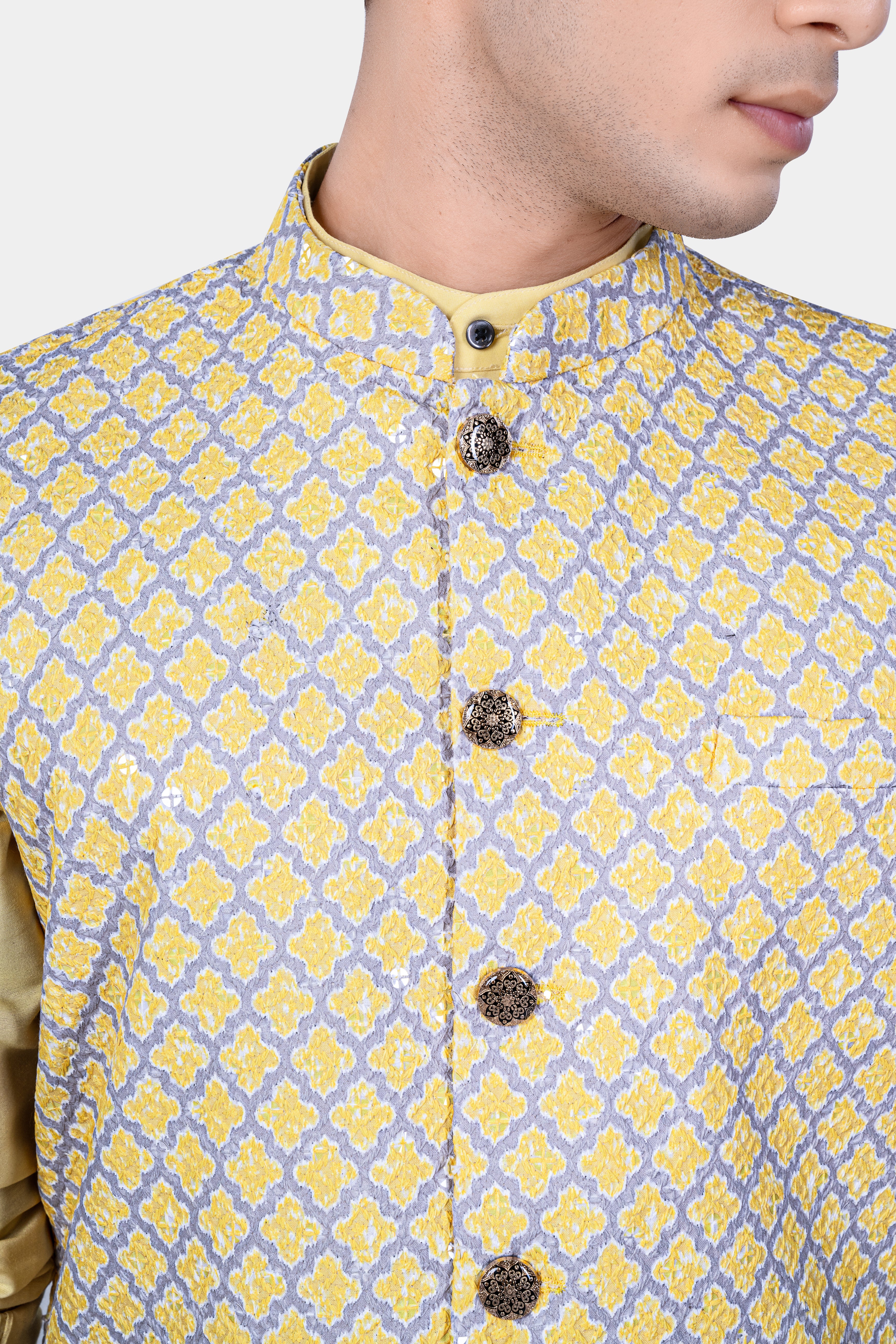 Marzipan Yellow And Casper Gray Thread Embroidered Nehru Jacket