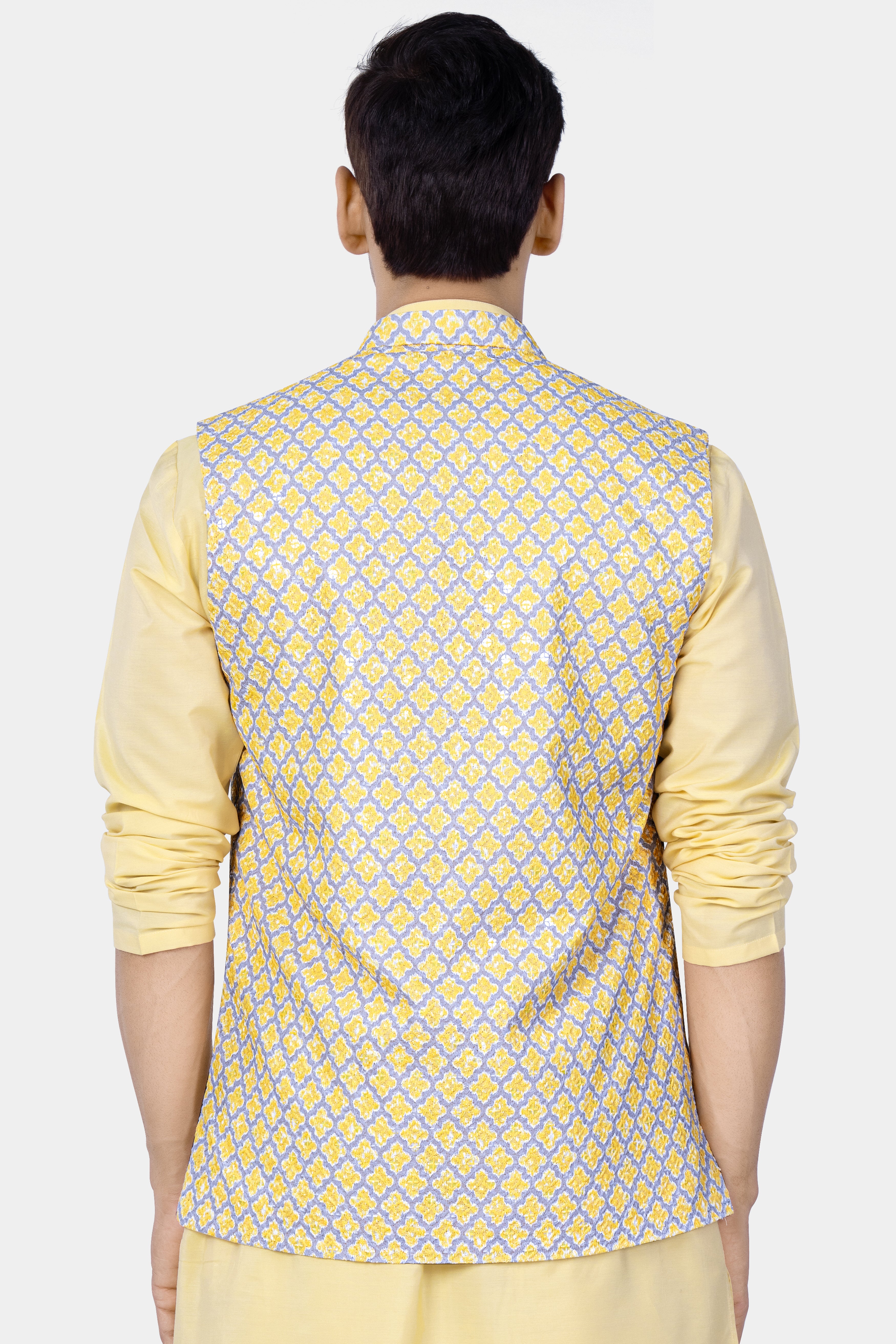 Marzipan Yellow And Casper Gray Thread Embroidered Nehru Jacket