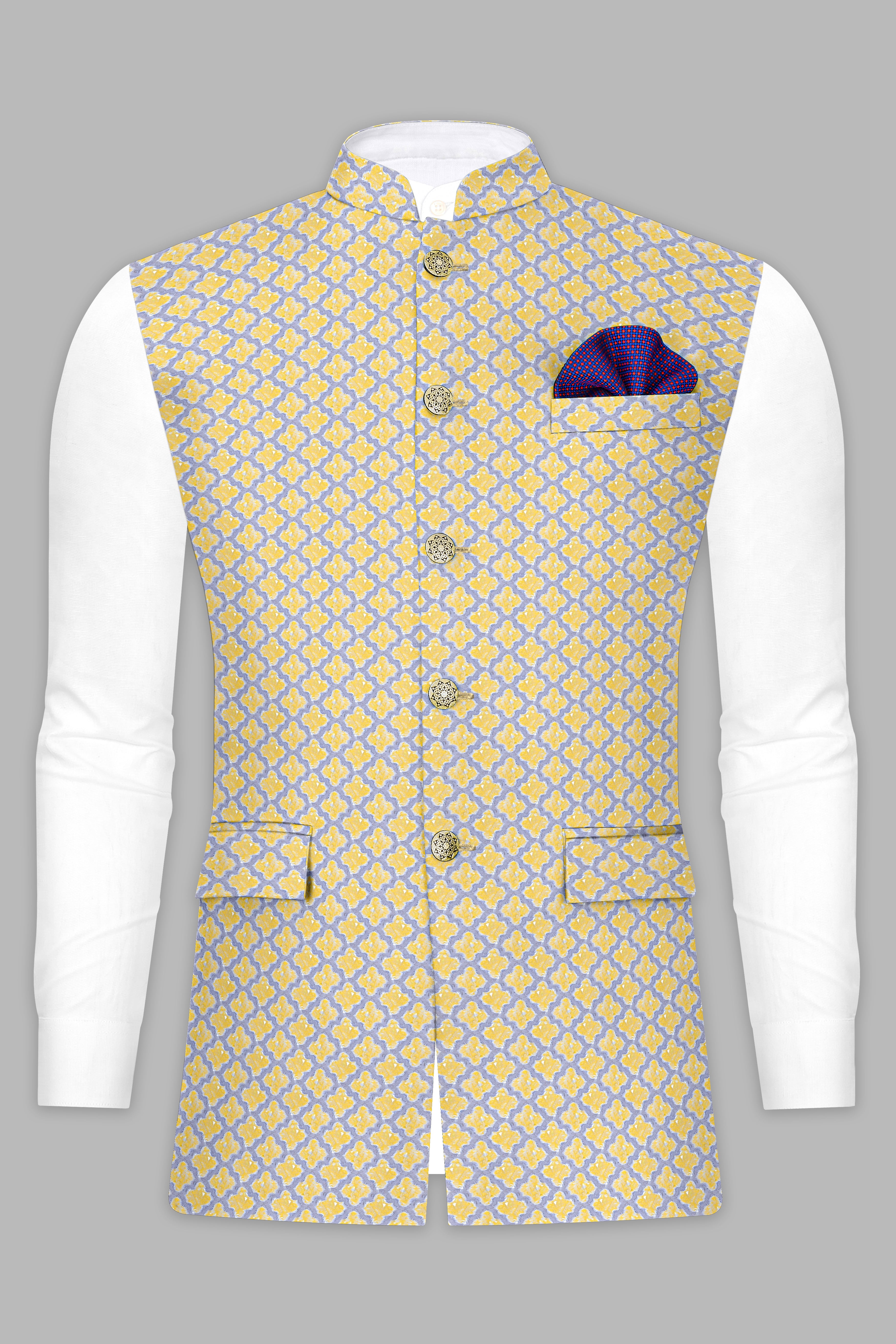 Marzipan Yellow And Casper Gray Thread Embroidered Nehru Jacket